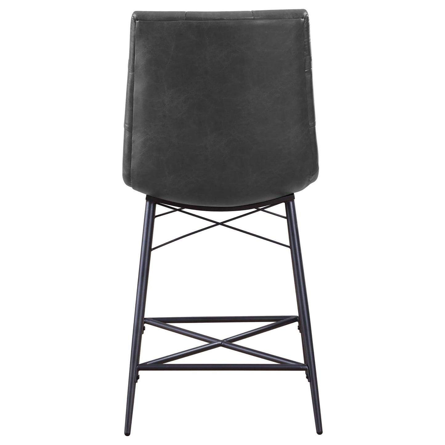 Dark gray faux leather bar stool with tufted back and black metal legs