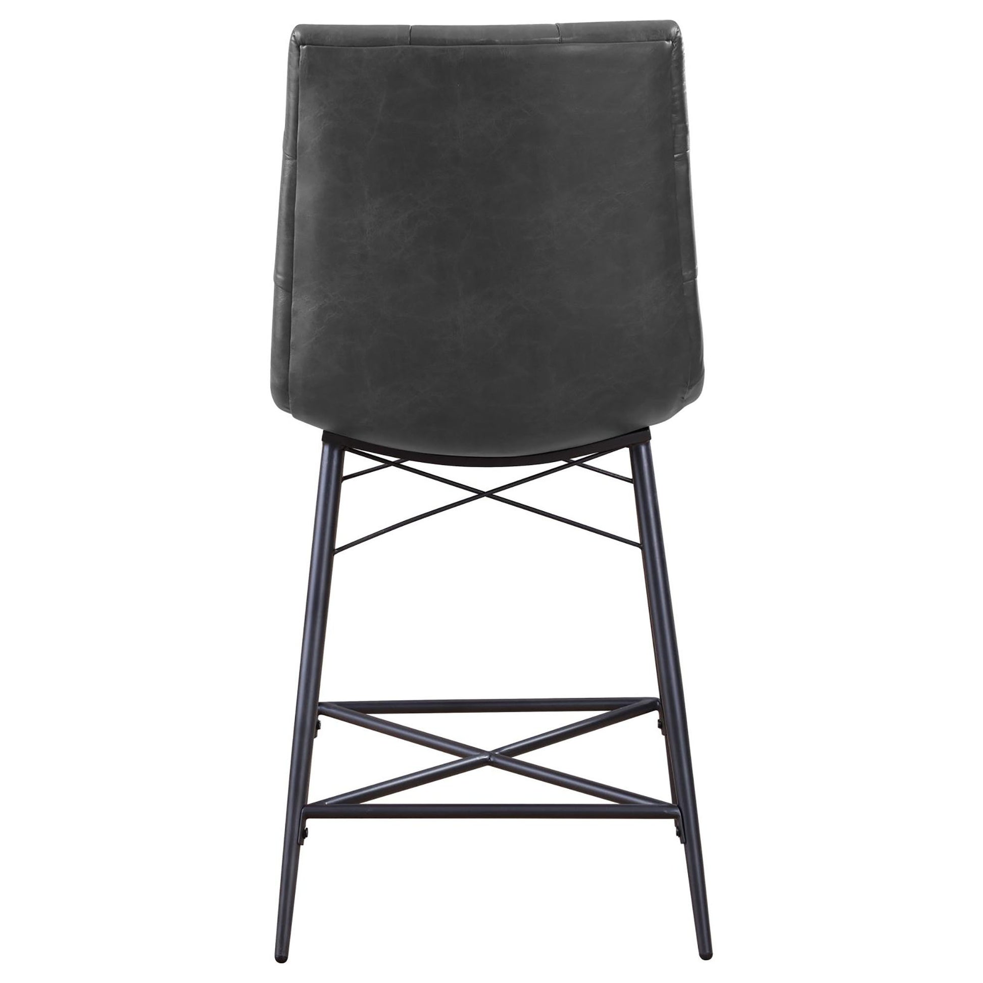 Dark gray faux leather bar stool with tufted back and black metal legs