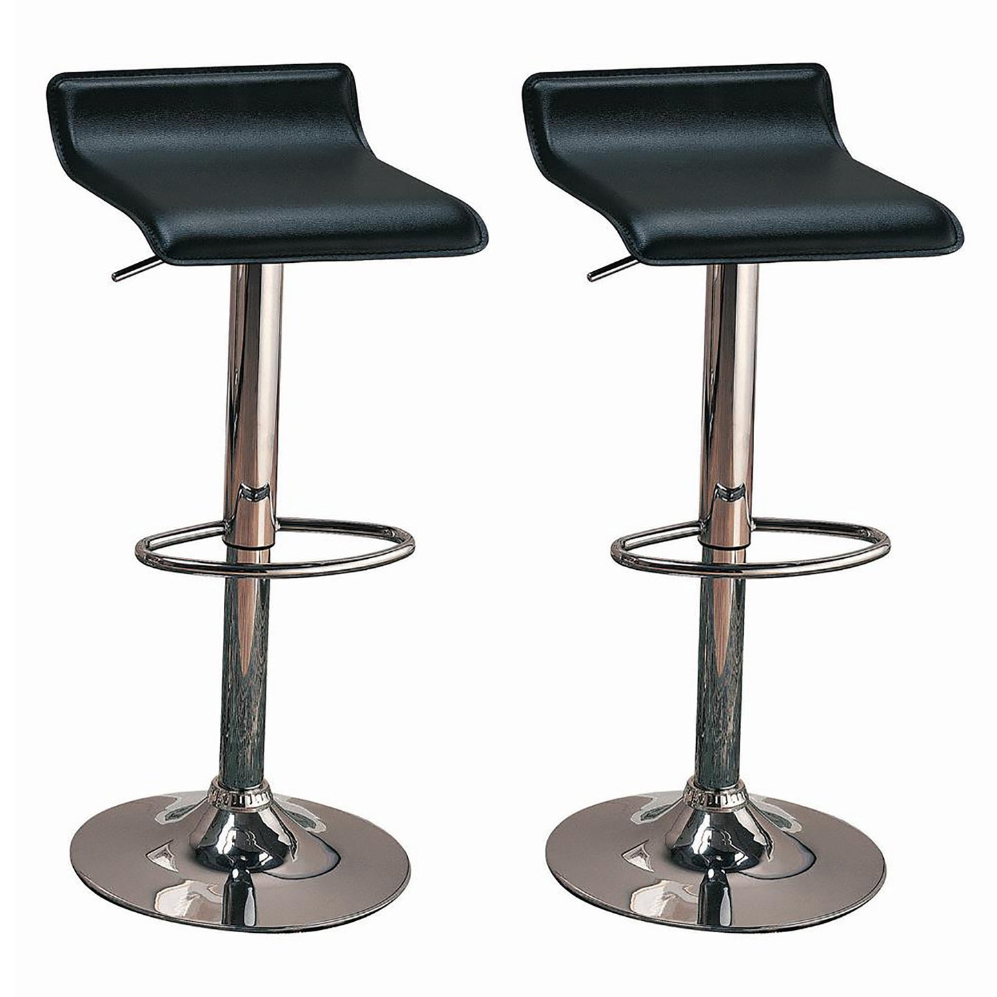 Two black faux leather bar stools with chrome bases and footrests adjustable height for kitchen island