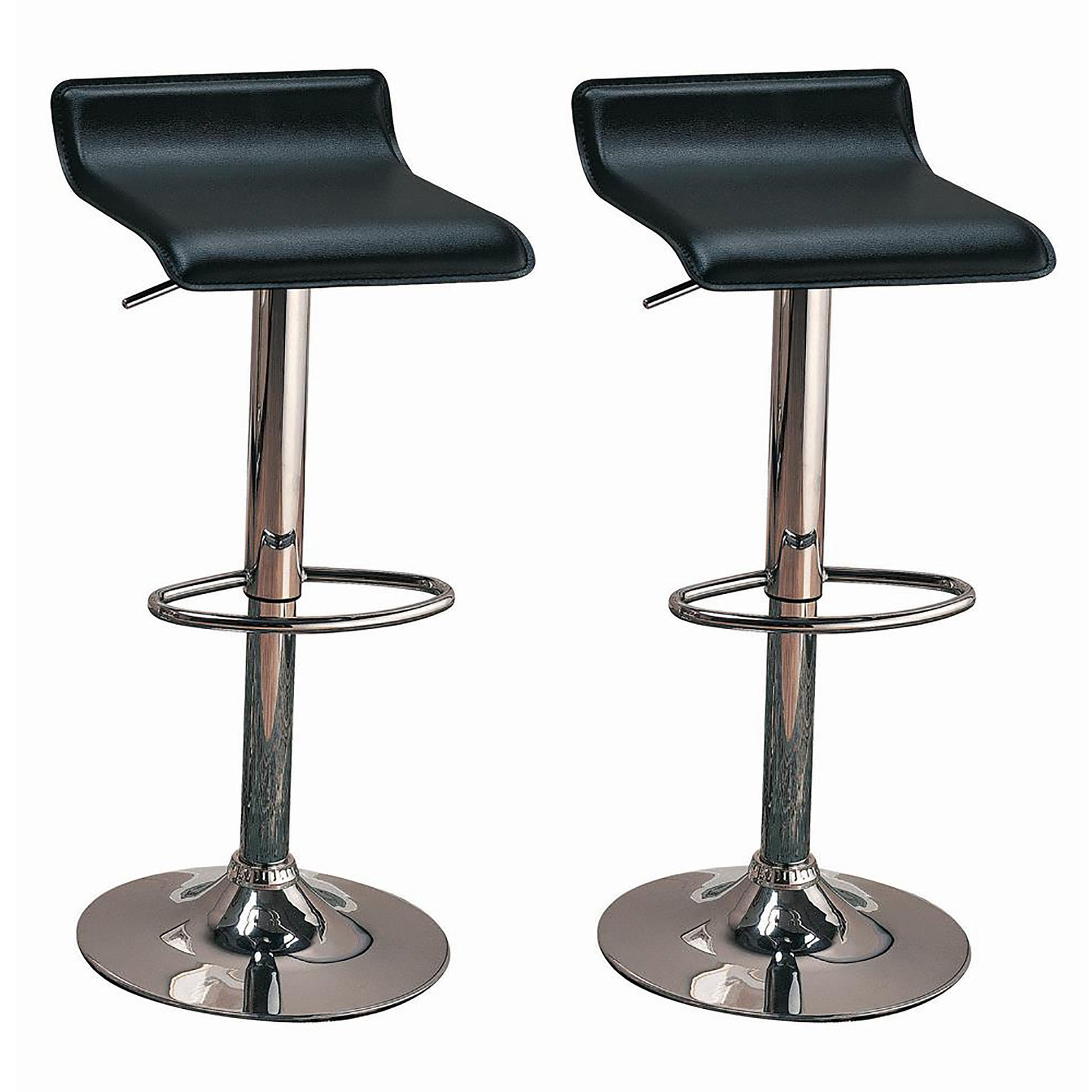 Two black faux leather bar stools with chrome bases and footrests adjustable height for kitchen island