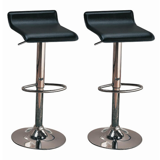 Two black faux leather bar stools with chrome bases and footrests adjustable height for kitchen island