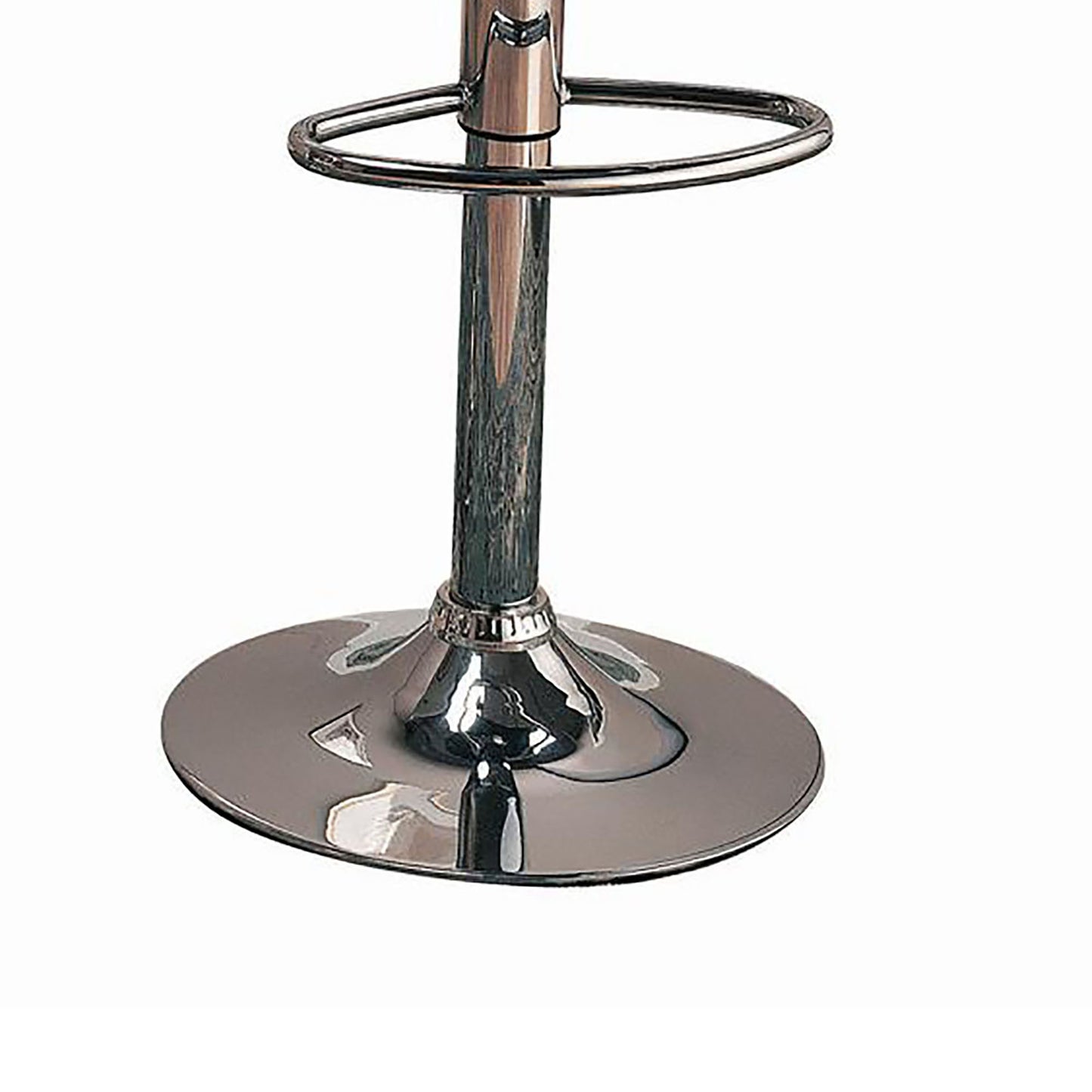 Polished chrome bar stool base with footrest ring on white background