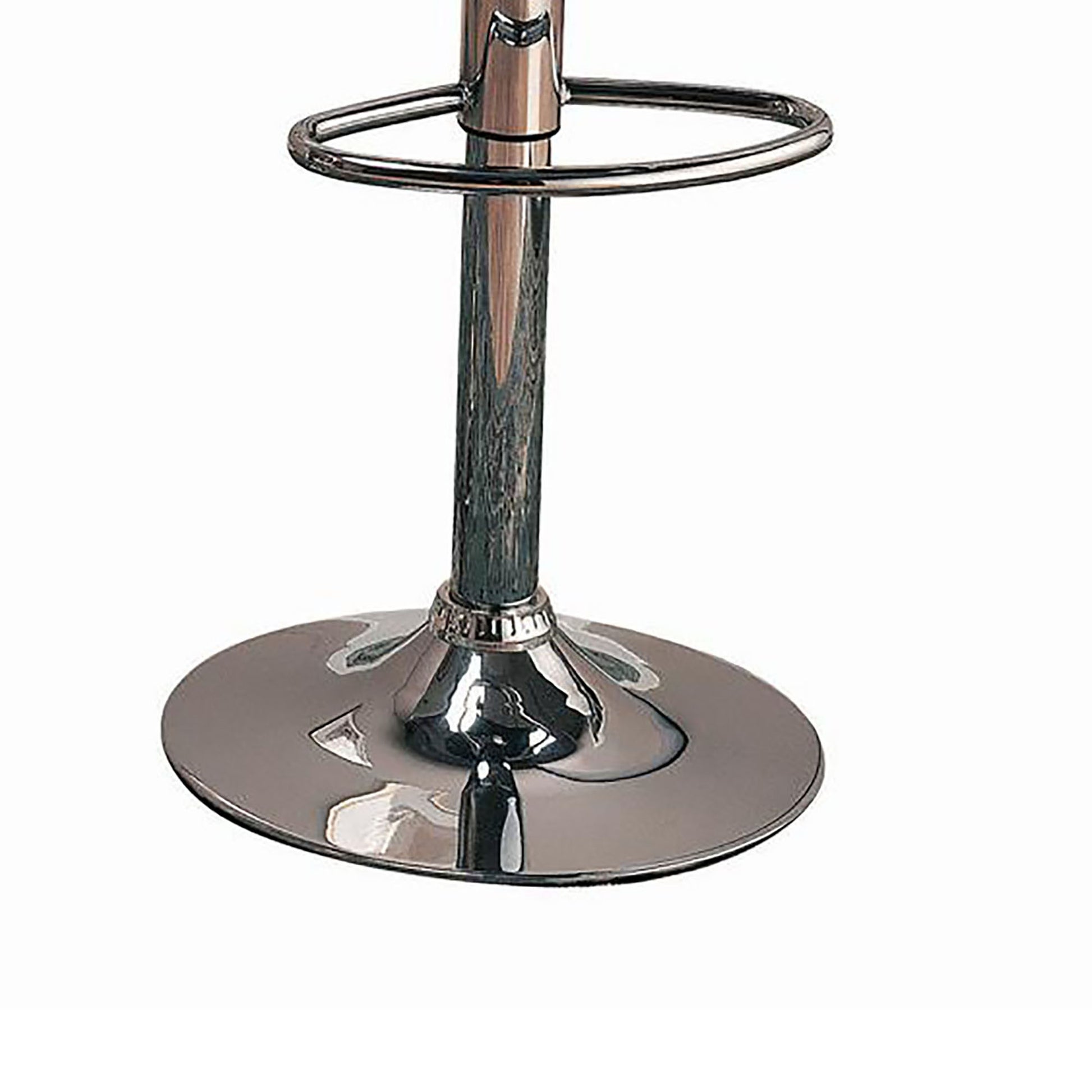 Polished chrome bar stool base with footrest ring on white background