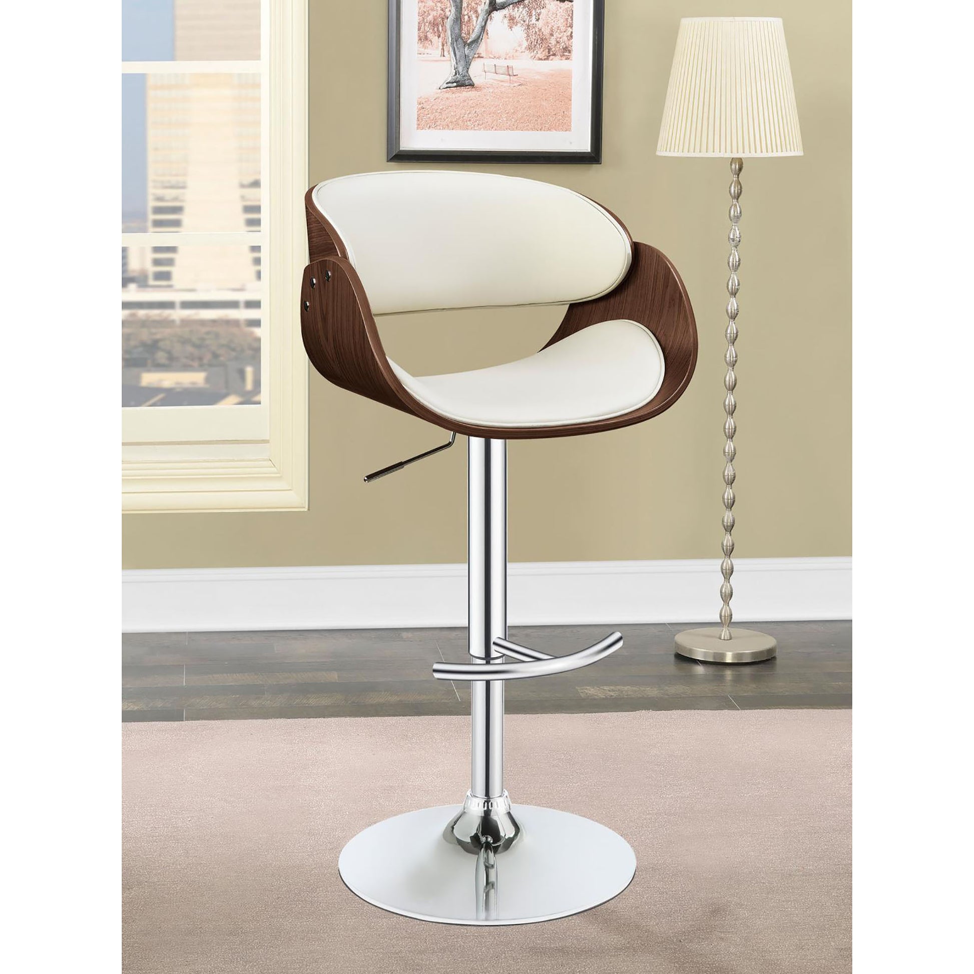 Modern curved bar stool with white cushion and walnut wood veneer shell