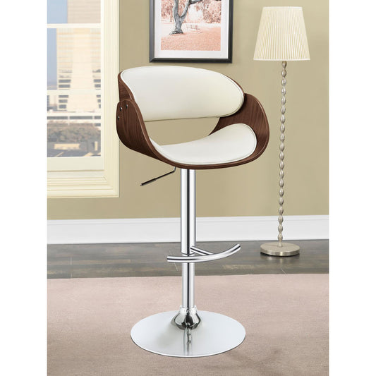 Modern curved bar stool with white cushion and walnut wood veneer shell