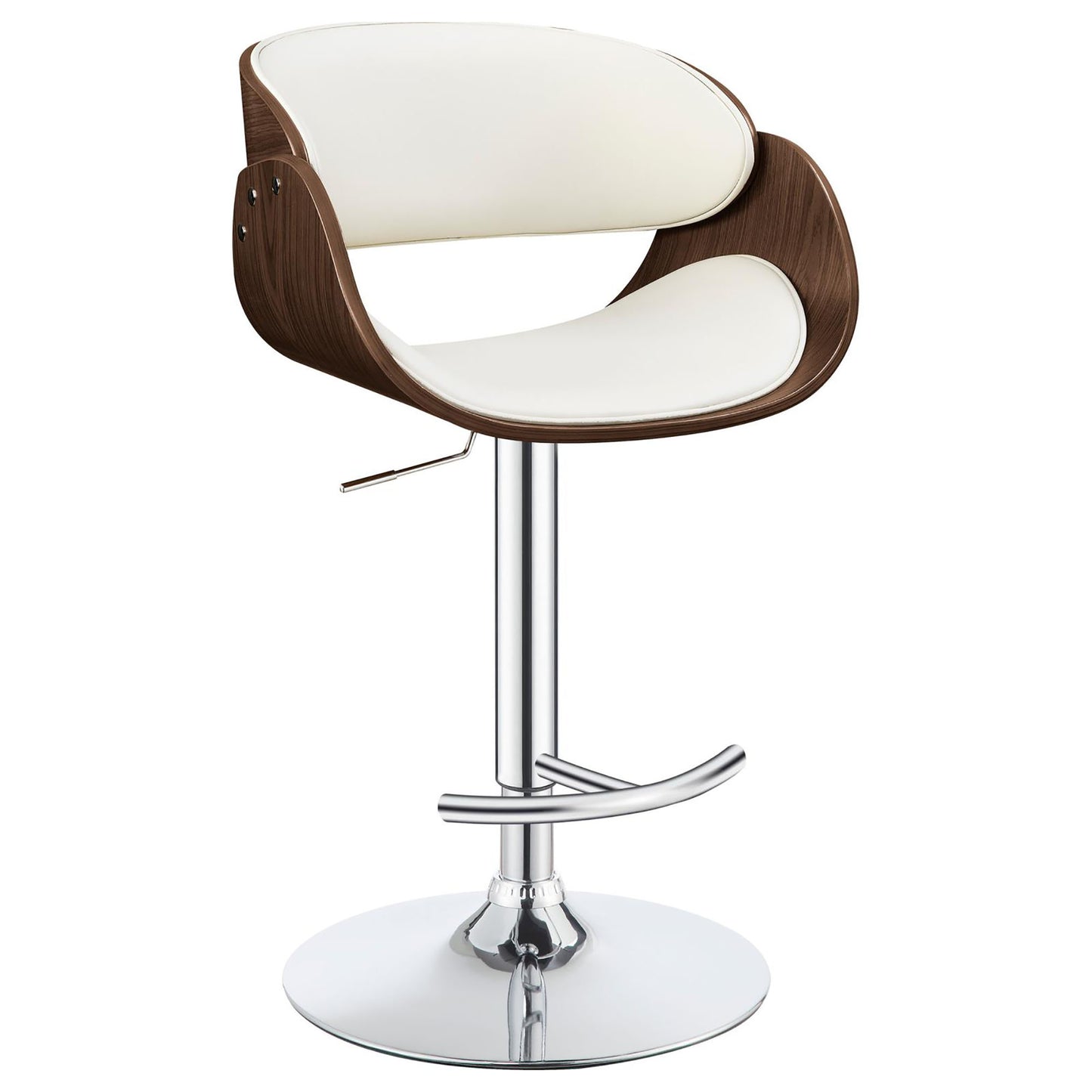 Modern white and walnut adjustable bar stool with curved seat