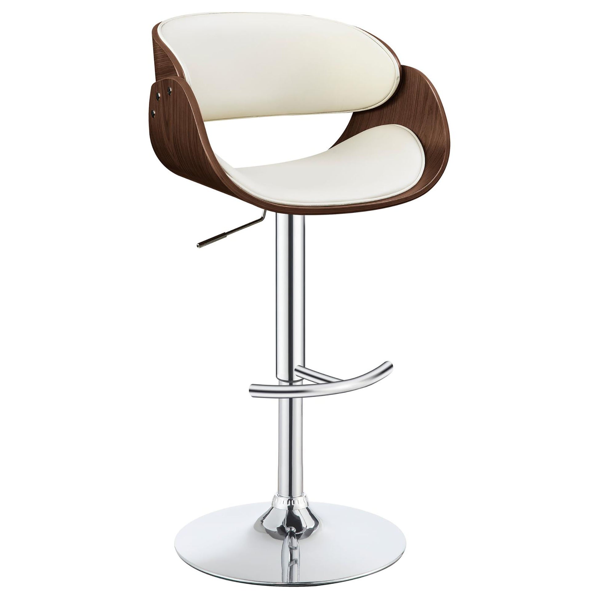 Adjustable swivel bar stool with curved wood shell and white faux leather seat