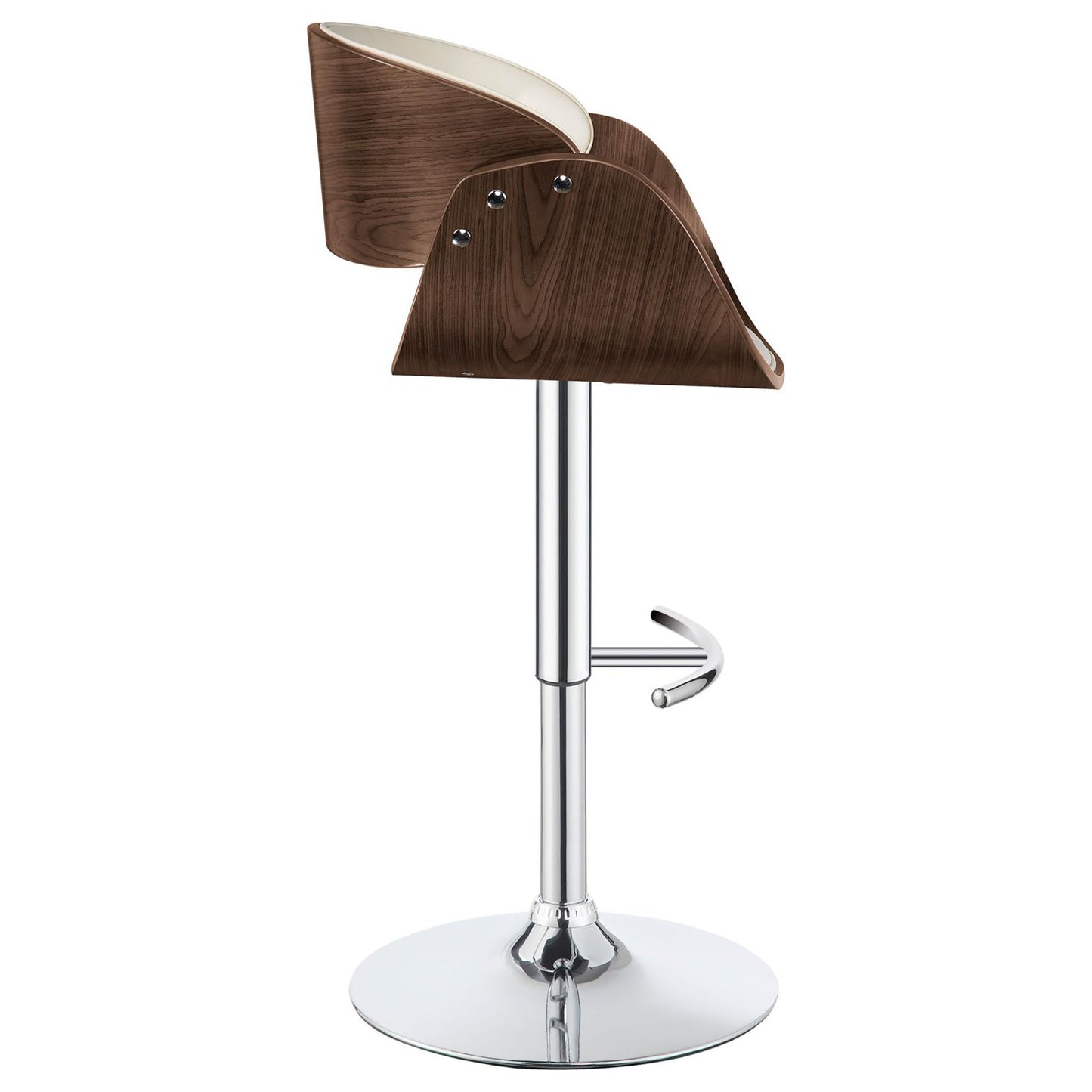 Curved walnut wood bar stool with white padded seat chrome base and footrest