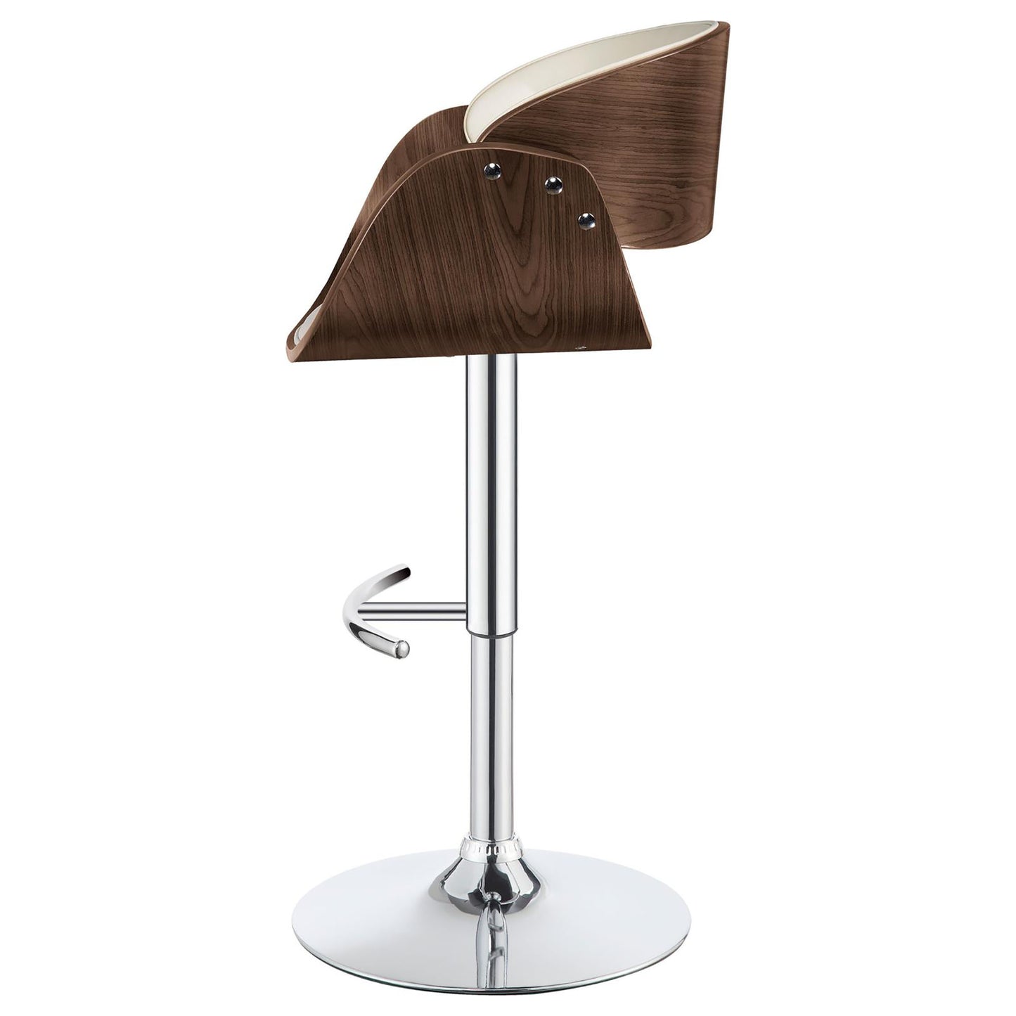 Walnut wood and white molded plastic bar stool with chrome base