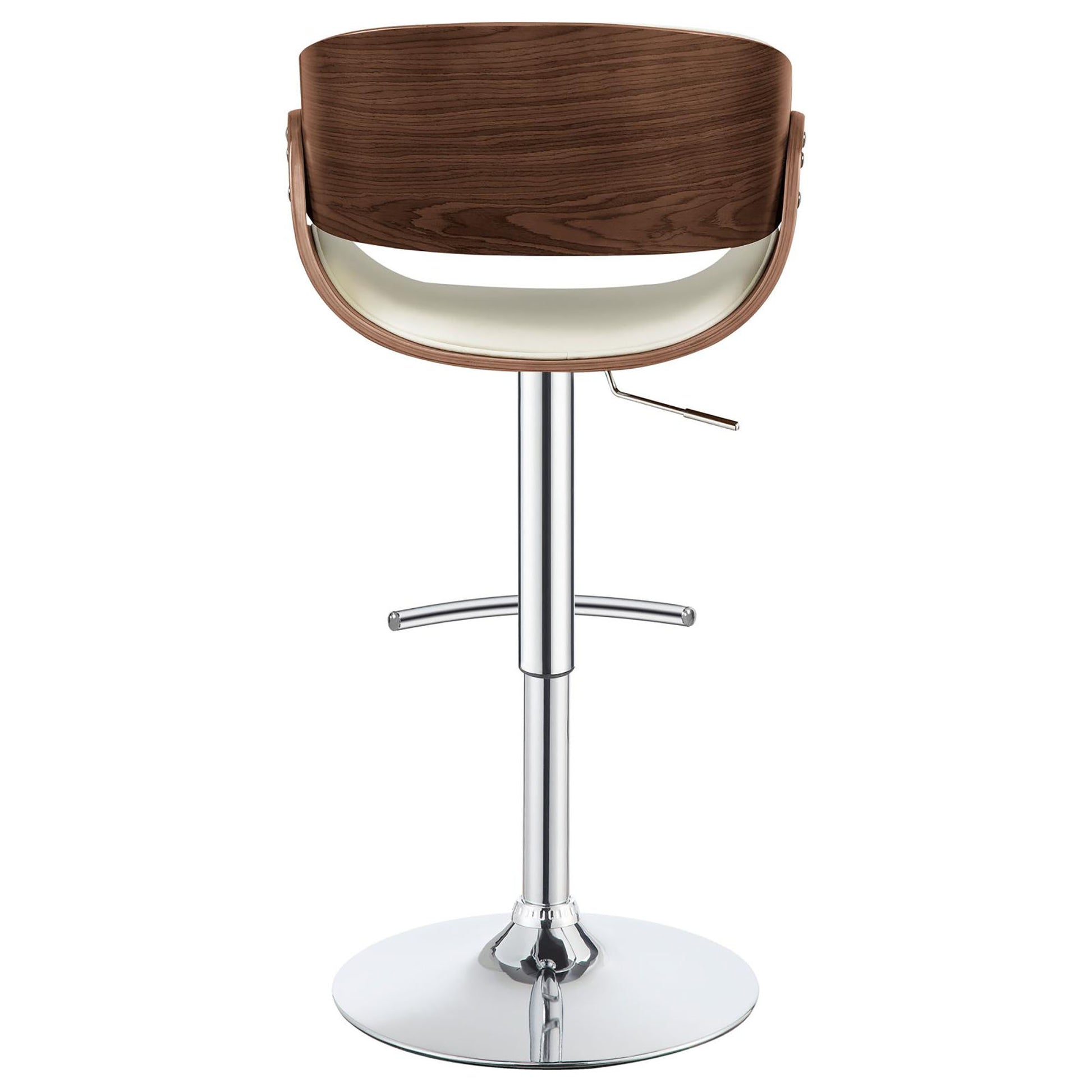 Adjustable bar stool with dark wood curved back and white seat on chrome base