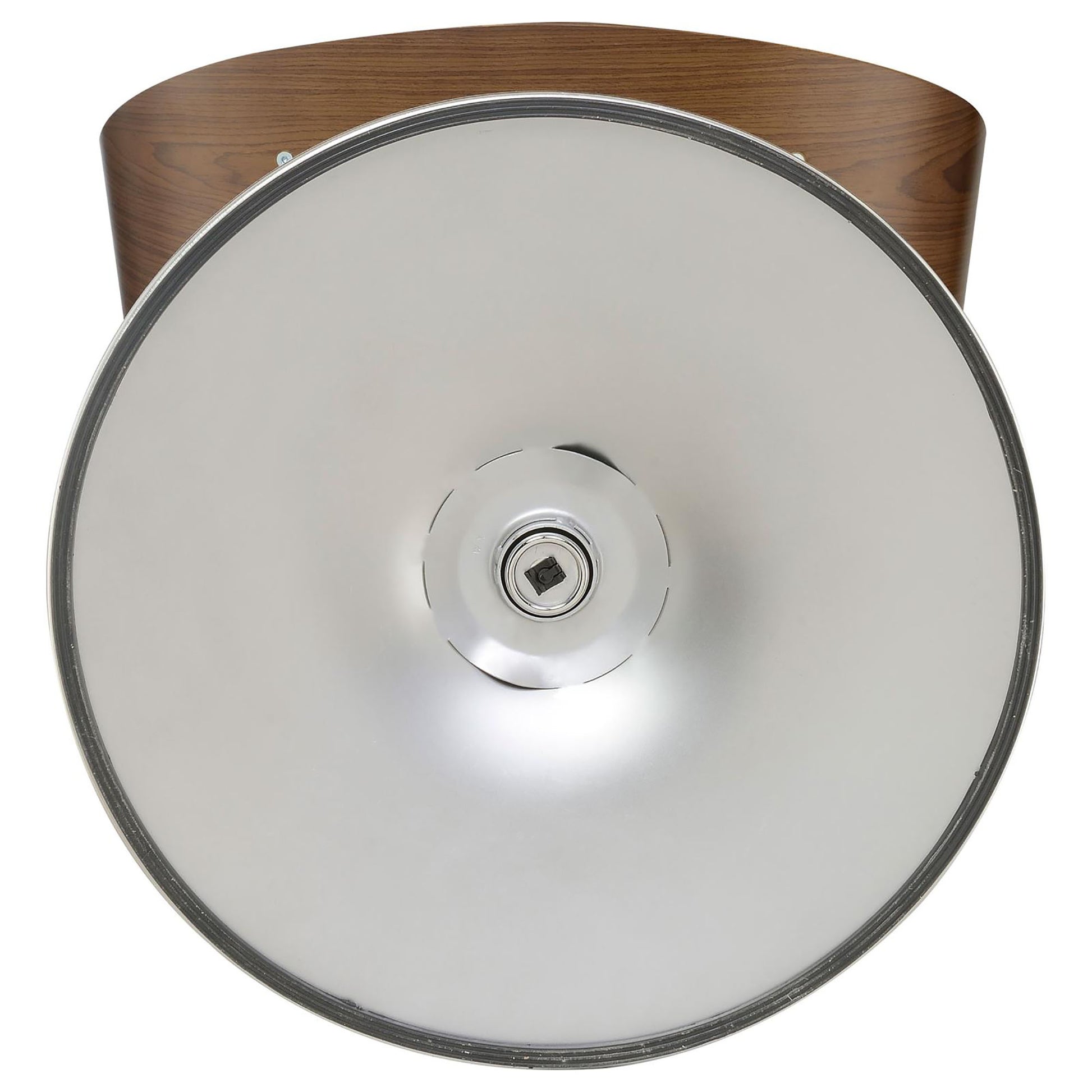 Closeup of a modern swivel stool base with polished chrome and wood grain detail