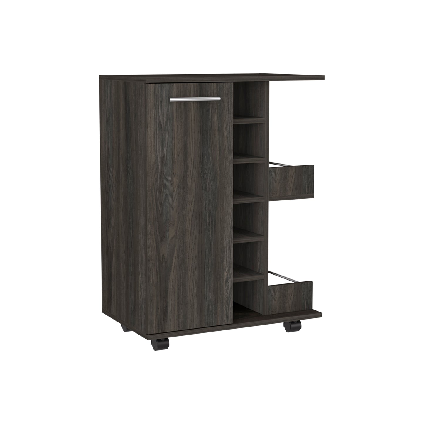 Dark wood rolling kitchen cart with pullout drawer and open shelves