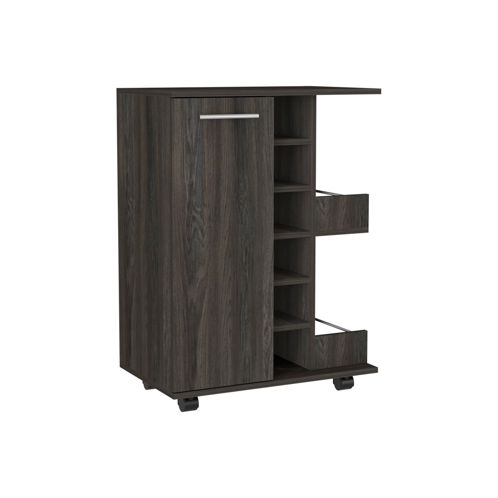 Dark wood rolling kitchen cart with pullout drawer and open shelves
