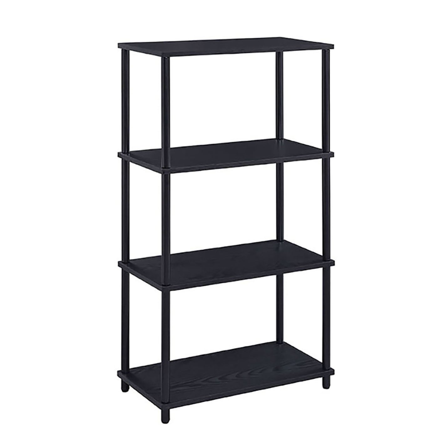 Fourtier black metal and wood particle board bookshelf with open shelving for home organization