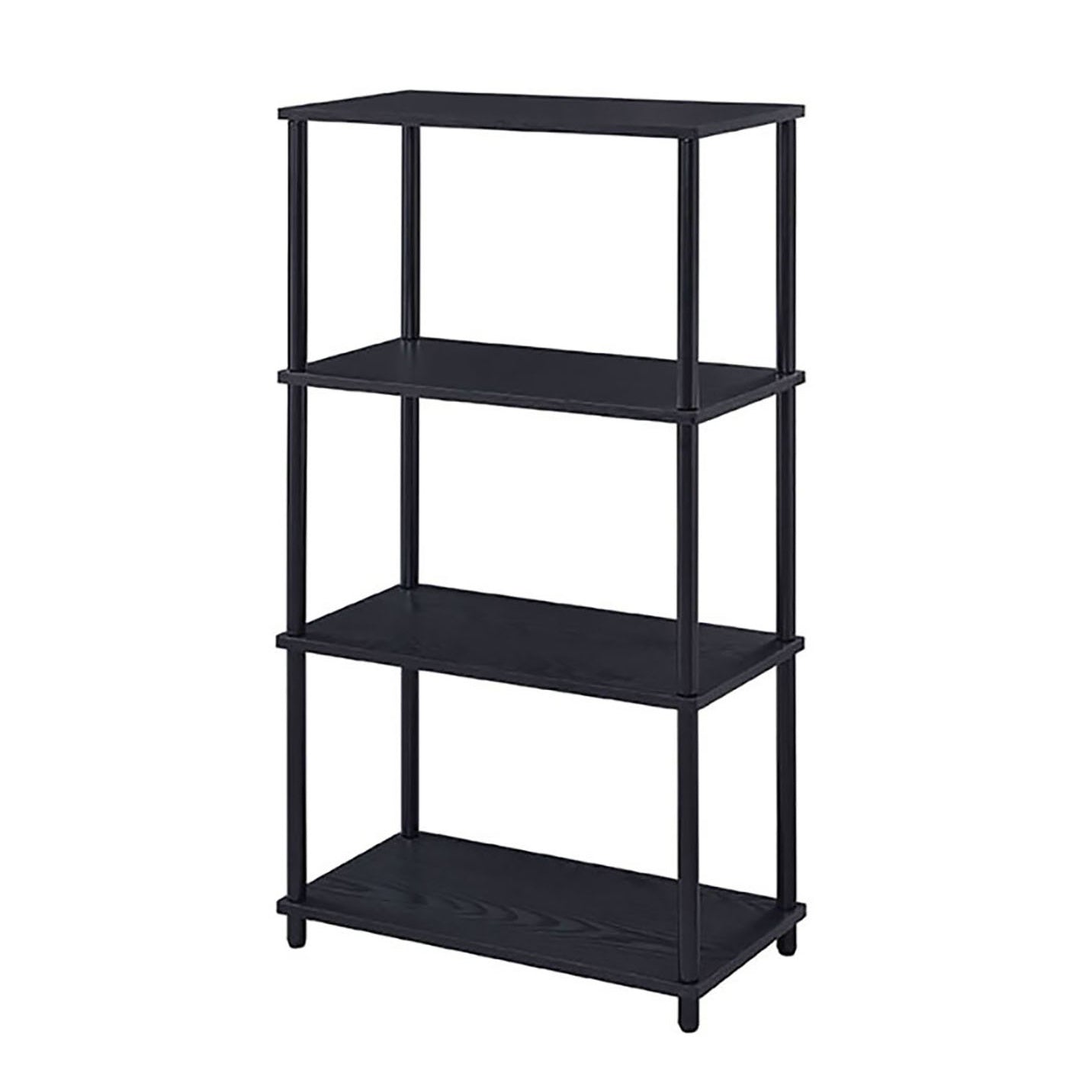 Black fourtier shelving unit with dark wood grain shelves and metal frame for stylish storage