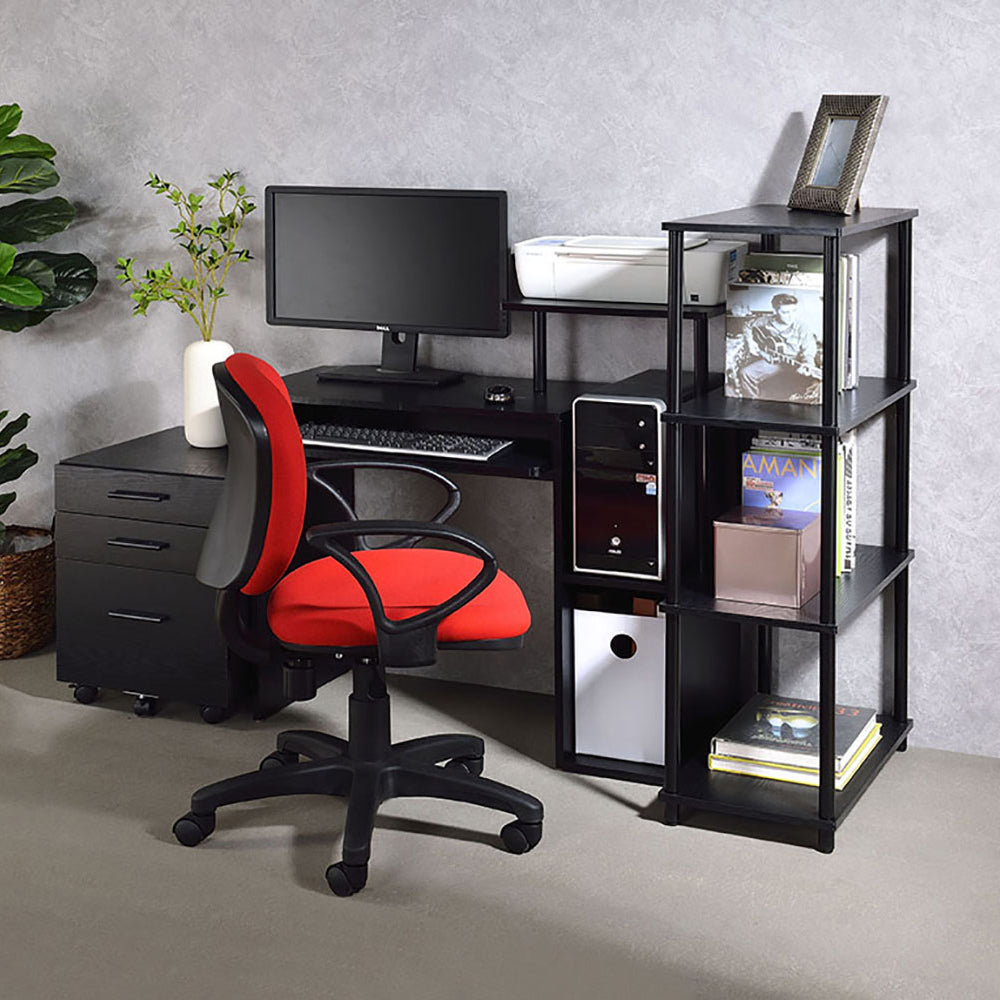 Red and black ergonomic office chair with rolling casters adjustable for comfortable home office use