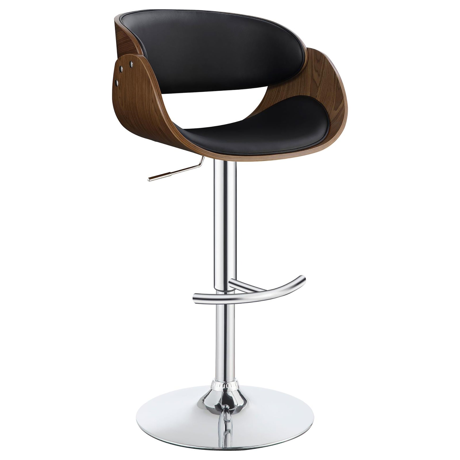 Modern black leather and wood bar stool with chrome base