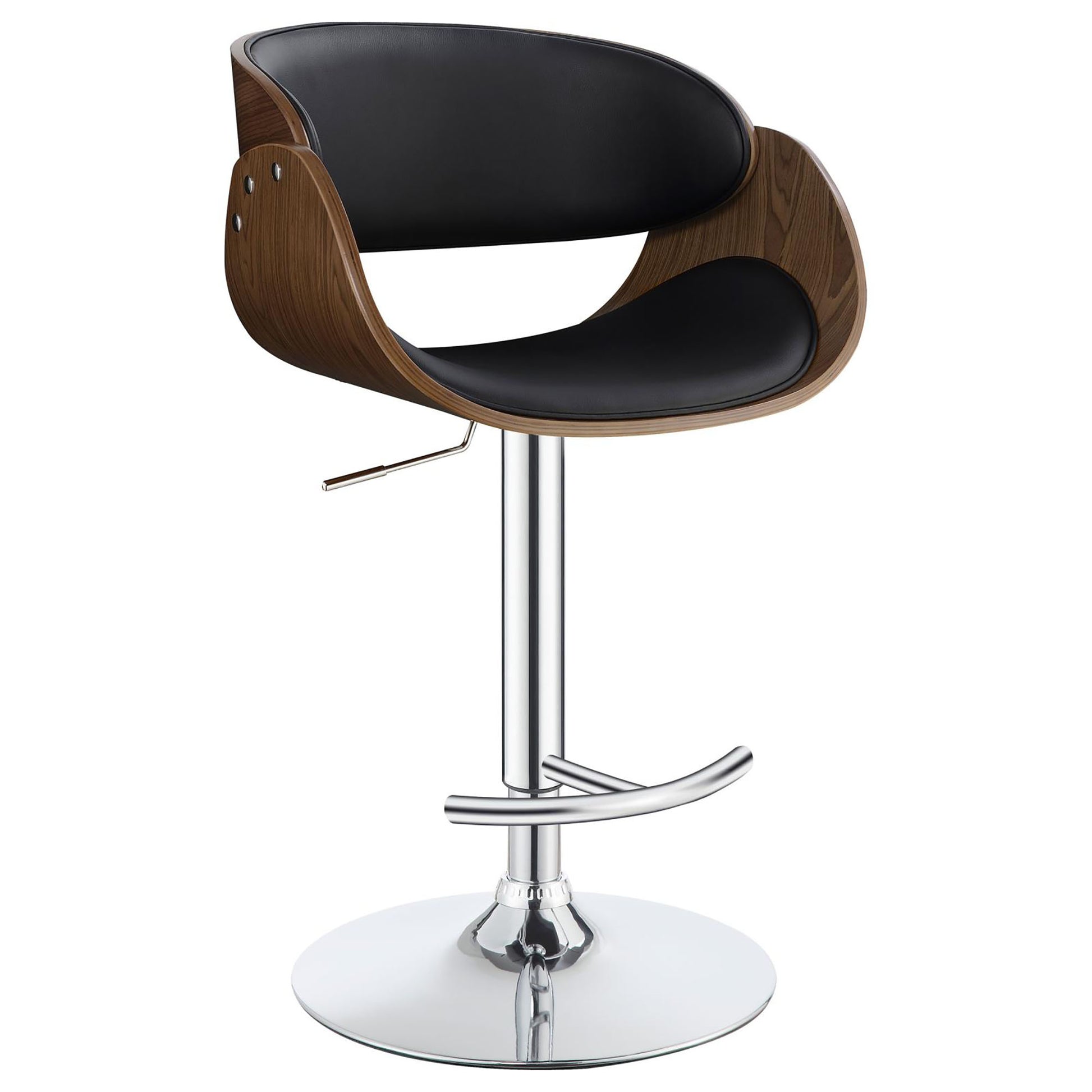 Black leather and walnut curved modern bar stool with chrome base
