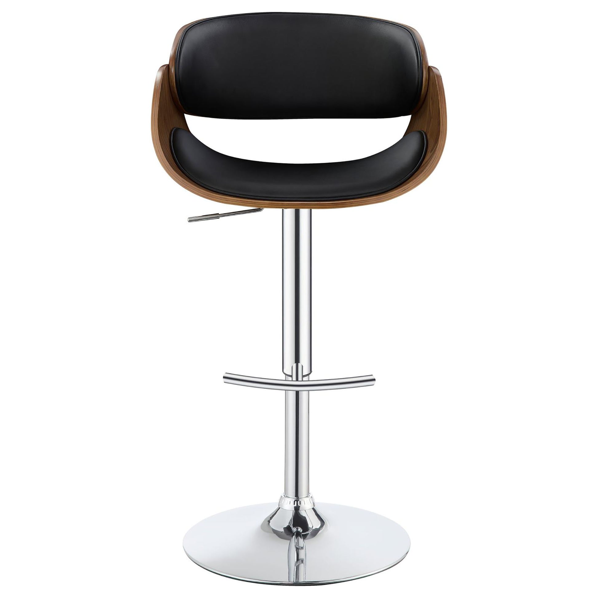 Curved walnut veneer shell with black faux leather seat on a chrome adjustable bar stool