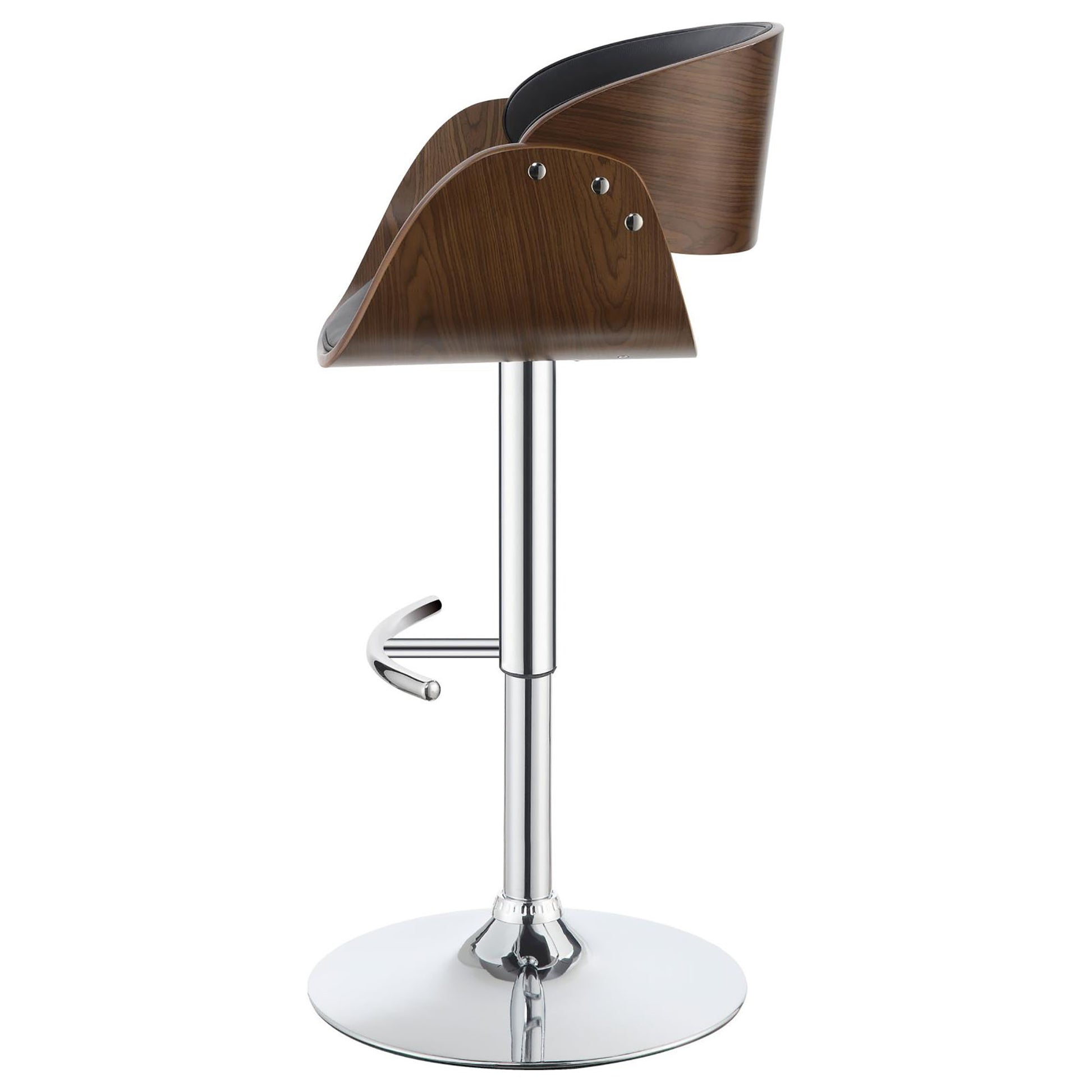 Modern bar stool with curved walnut veneer seat and chrome base