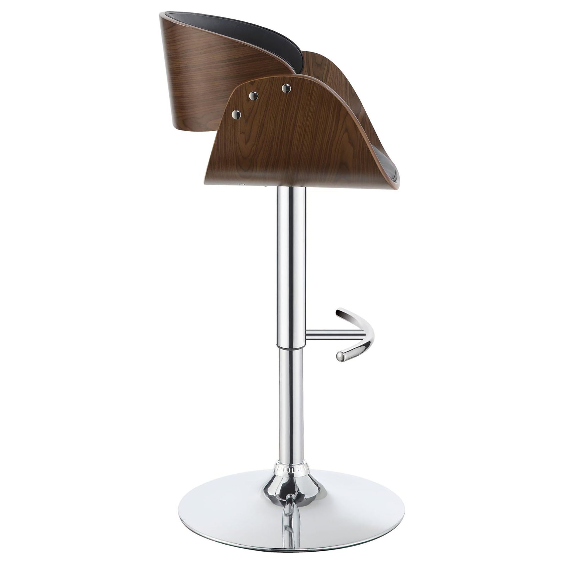 Curved walnut wood bar stool with adjustable chrome pedestal and footrest