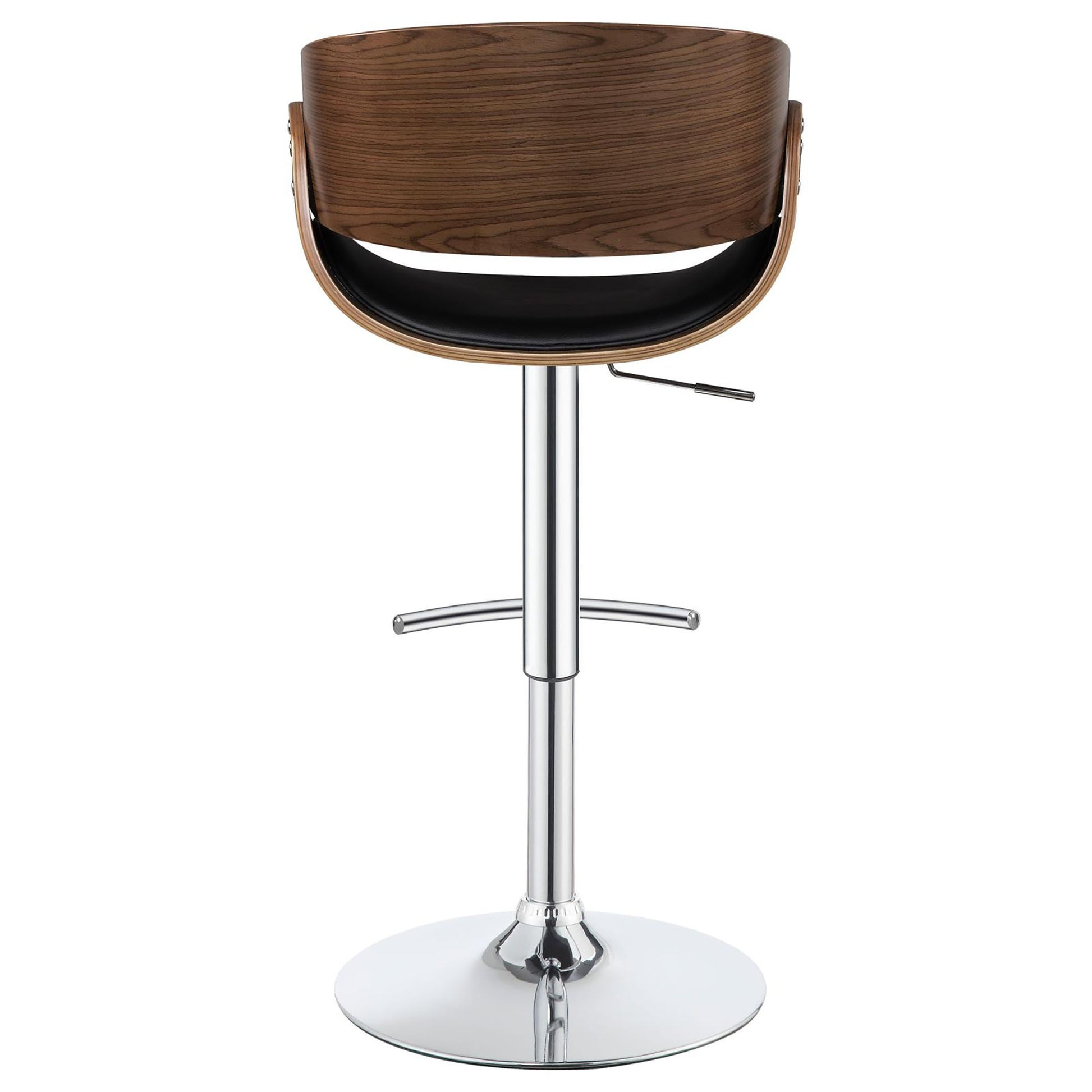 Adjustable swivel bar stool with curved wood veneer back and black padded seat