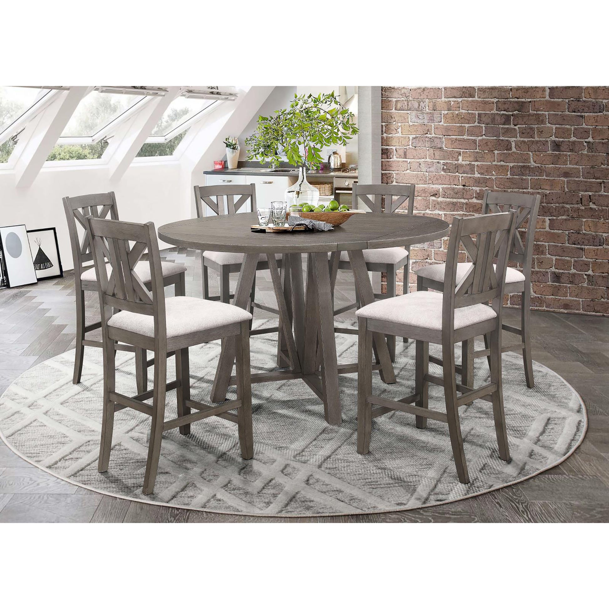 Round gray wood dining table with six upholstered counter stools for a modern kitchen