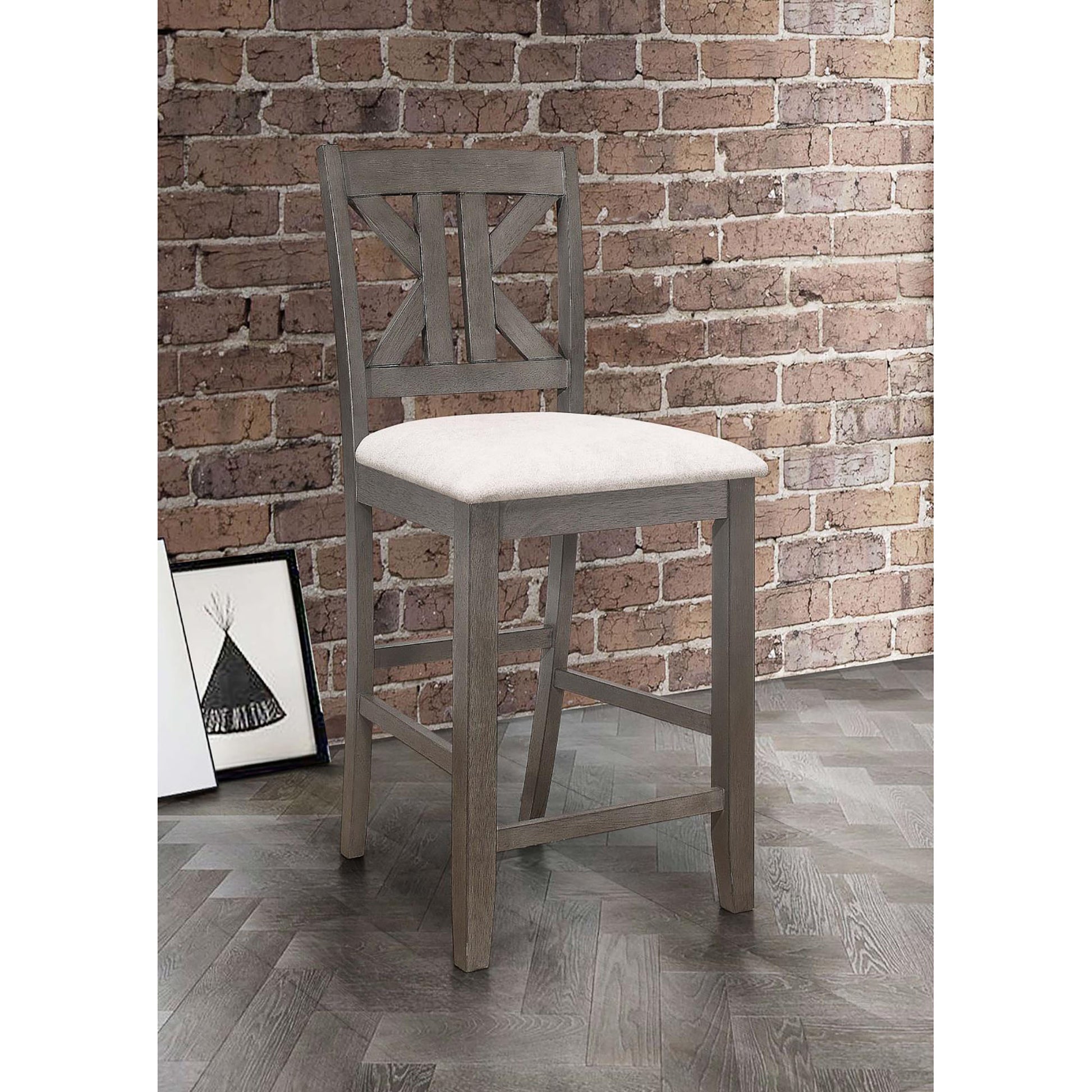 Gray wooden bar stool with Xback design and upholstered seat