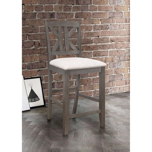 Gray wooden bar stool with Xback design and upholstered seat