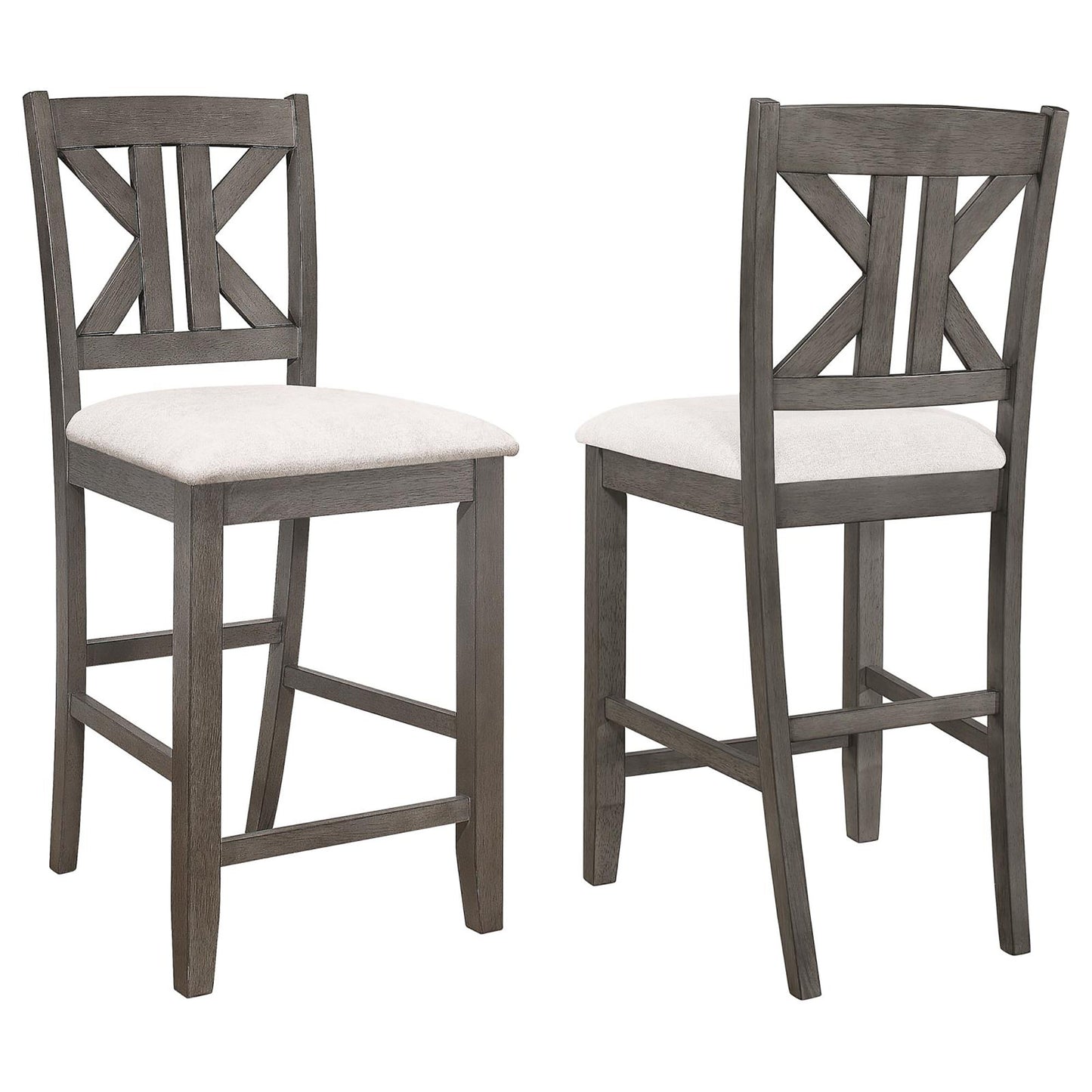Rustic grey wooden bar stool with upholstered seat and crisscross back design