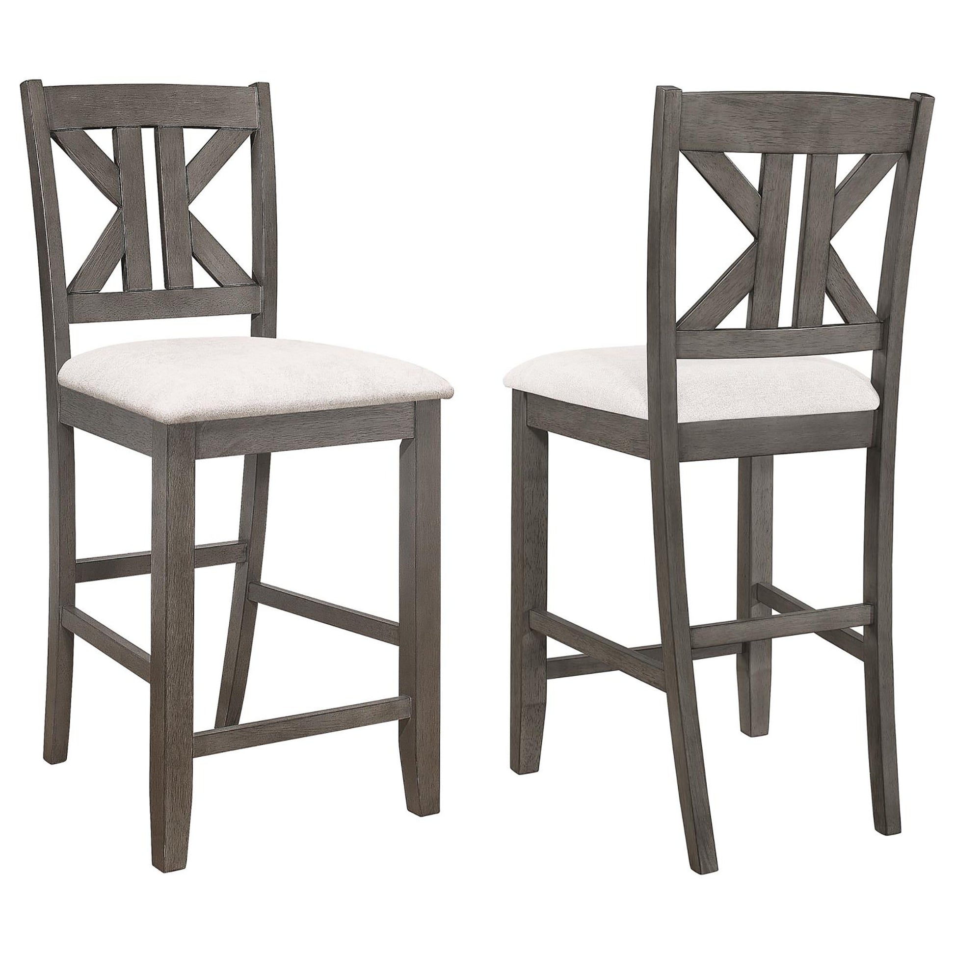 Rustic grey wooden bar stool with upholstered seat and crisscross back design