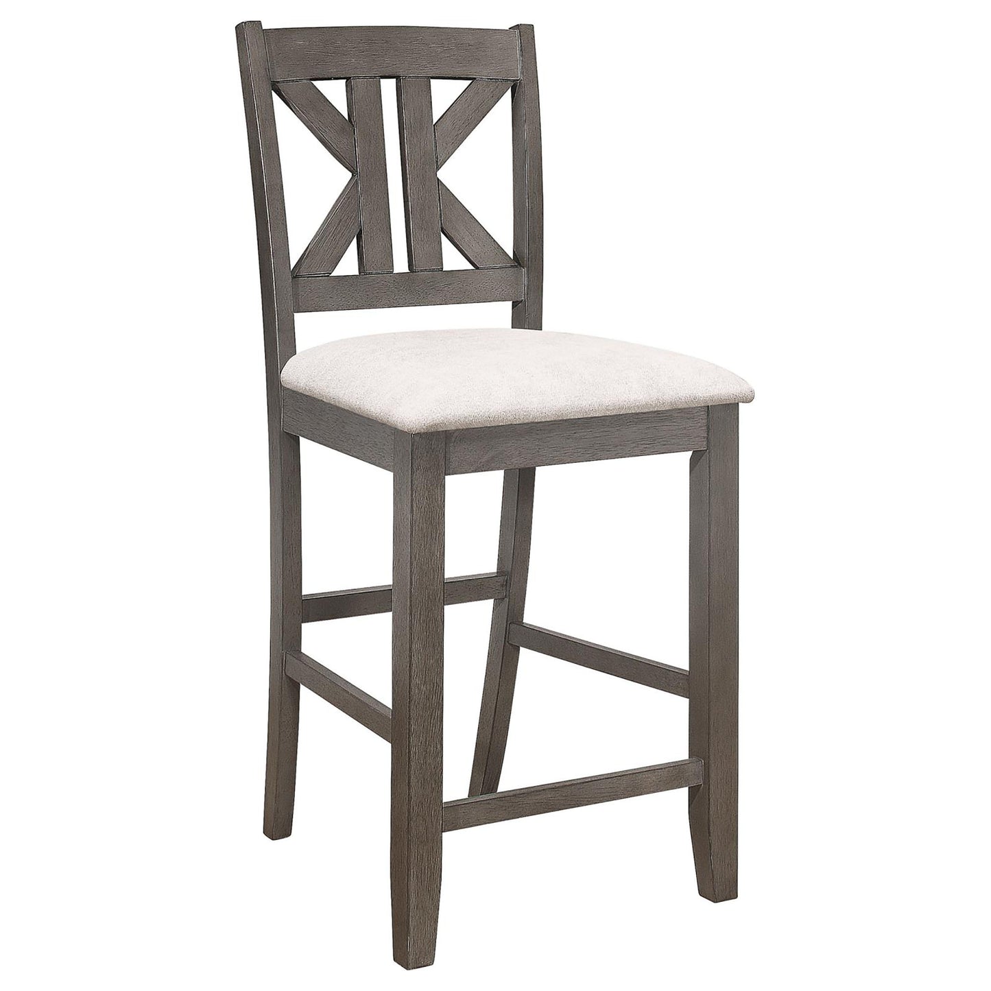 Gray wooden bar stool with upholstered seat and unique geometric back design