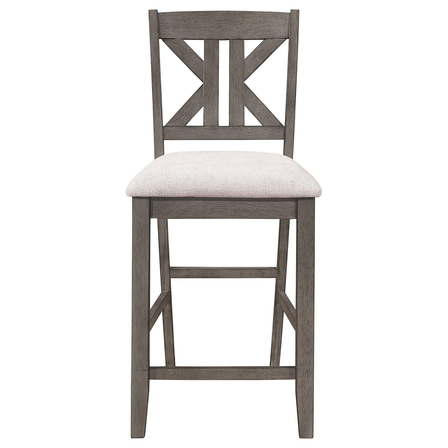 Rustic grey wooden bar stool with upholstered seat and Xback design