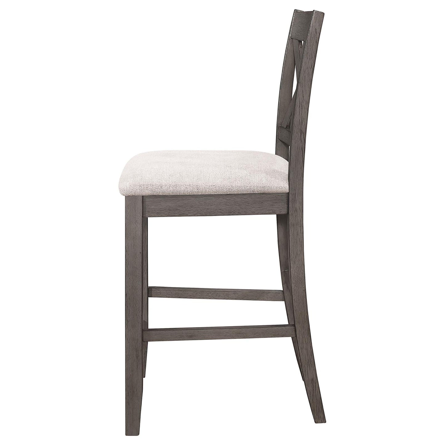 Side view of a grey wooden bar stool with a textured white seat and crisscross back