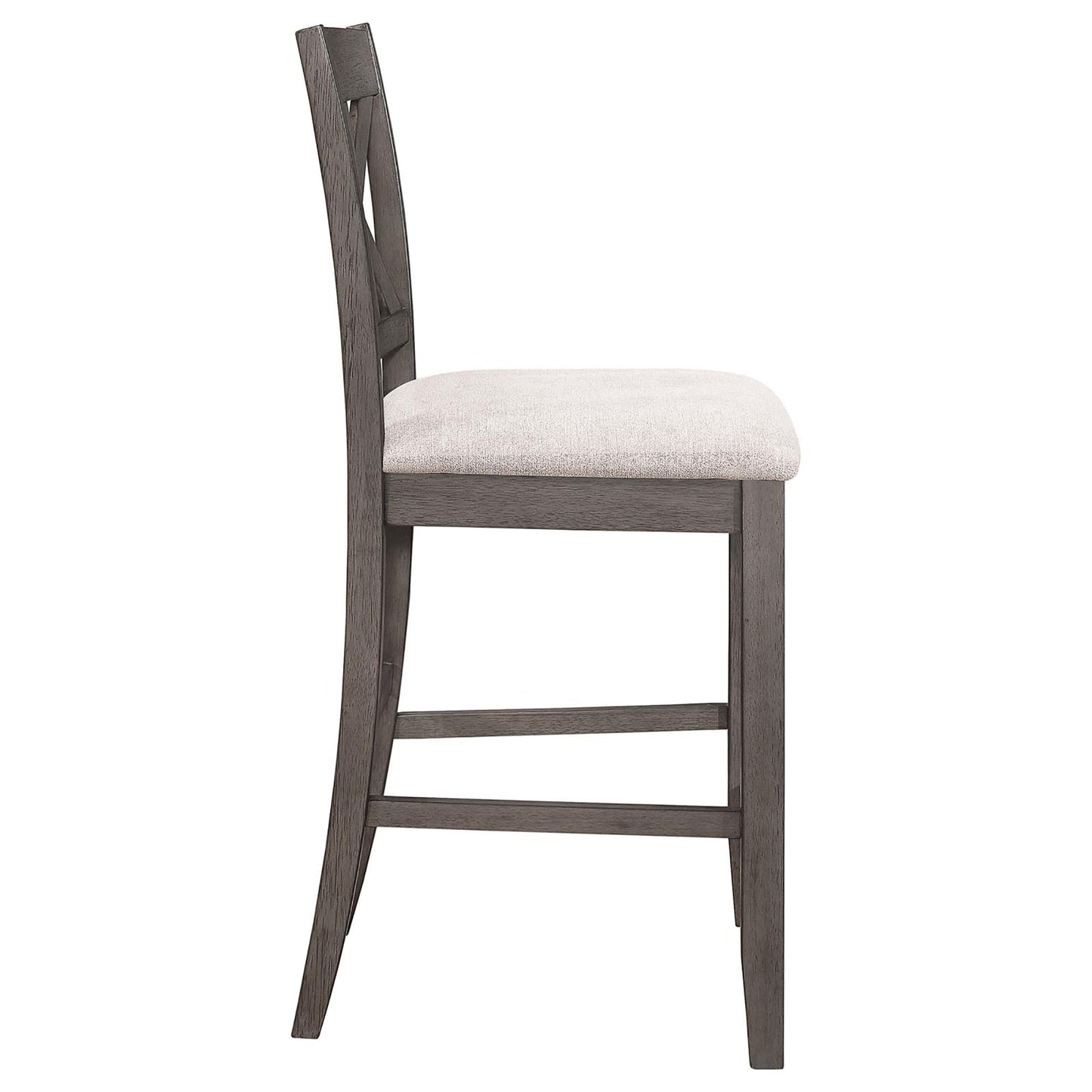 Gray wooden bar stool with a textured beige upholstered seat and crisscross backrest design