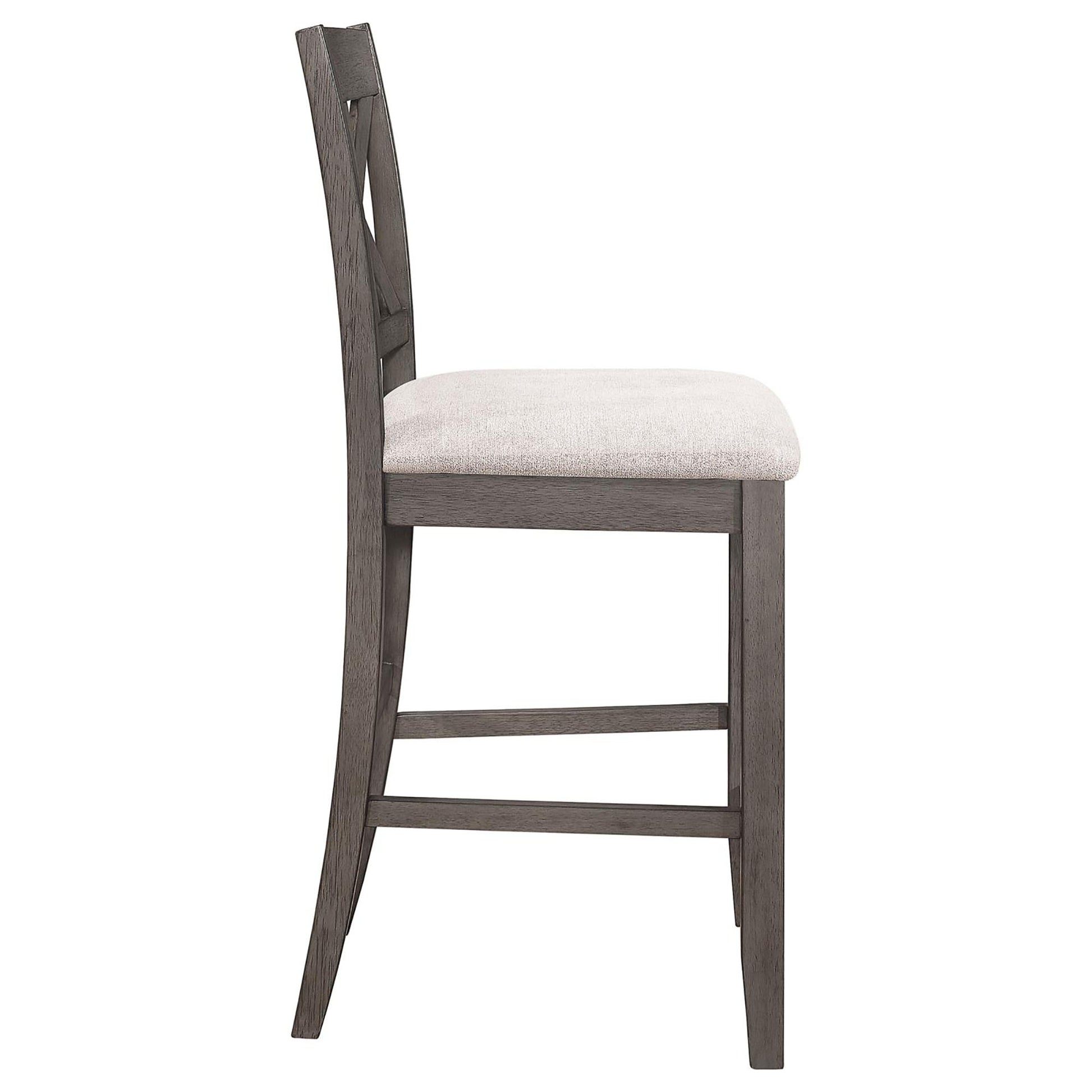 Gray wooden bar stool with a textured beige upholstered seat and crisscross backrest design