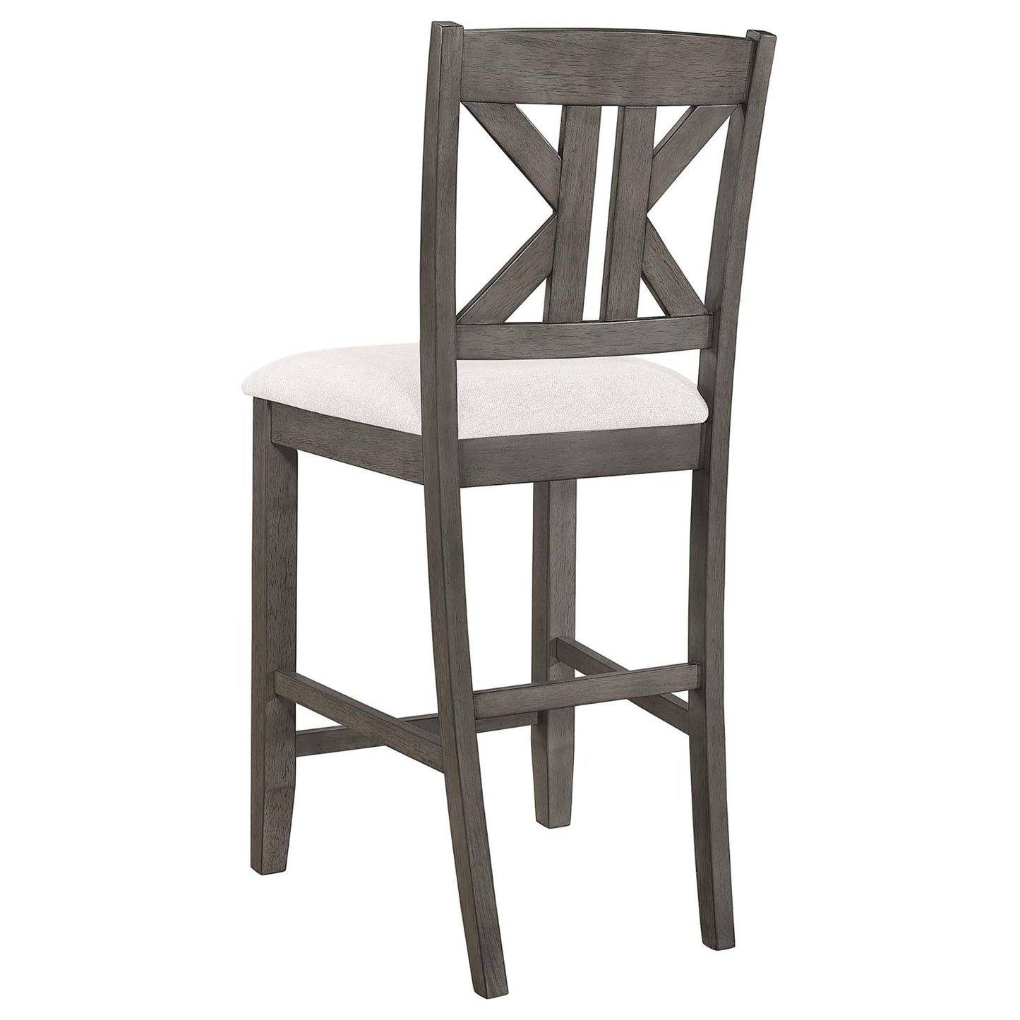 Gray wooden bar stool with a white upholstered seat and unique X back design