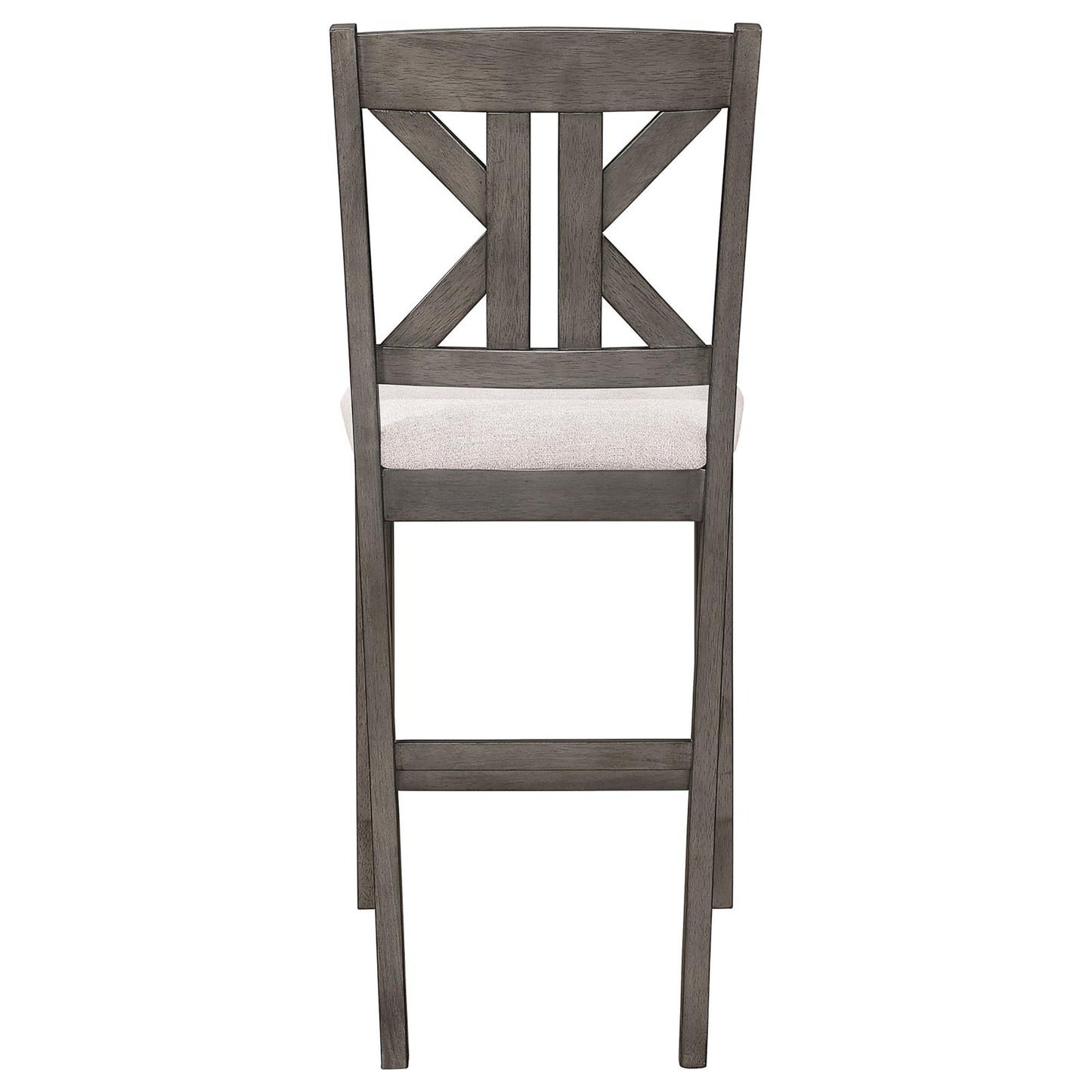 Gray wood bar stool with Xback design and light gray upholstered seat