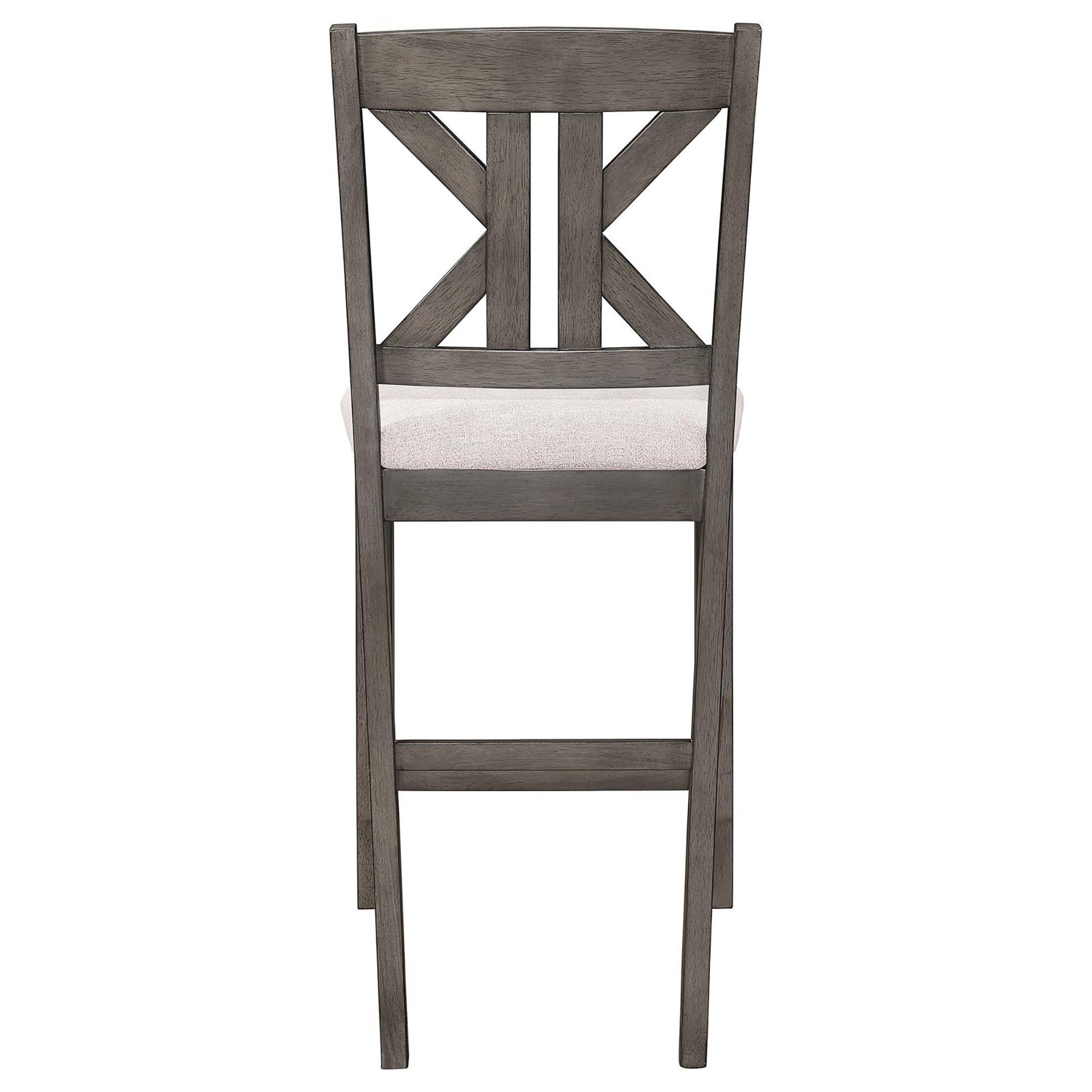 Gray wood bar stool with Xback design and light gray upholstered seat