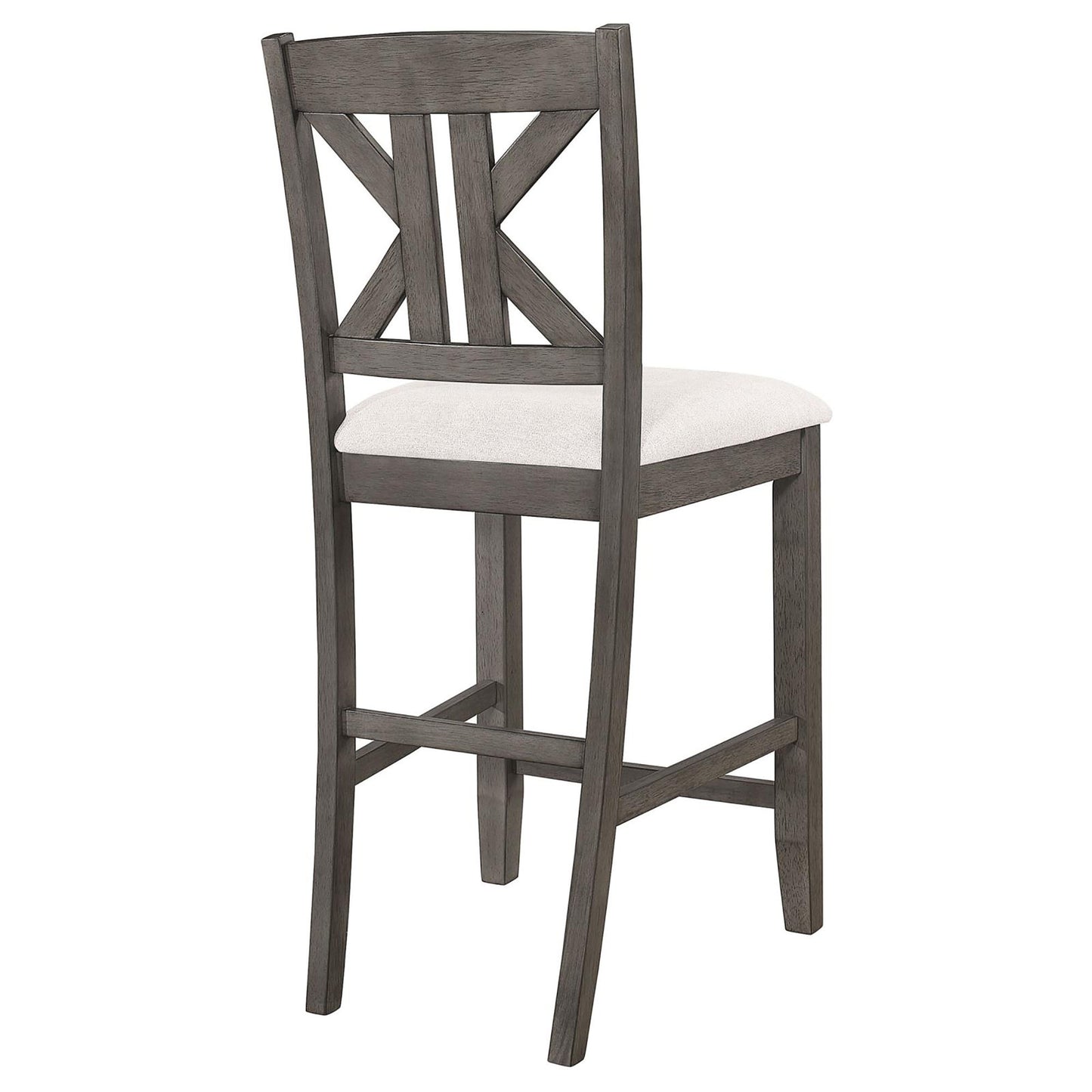 Grey wooden bar stool with textured white seat and crisscross back design