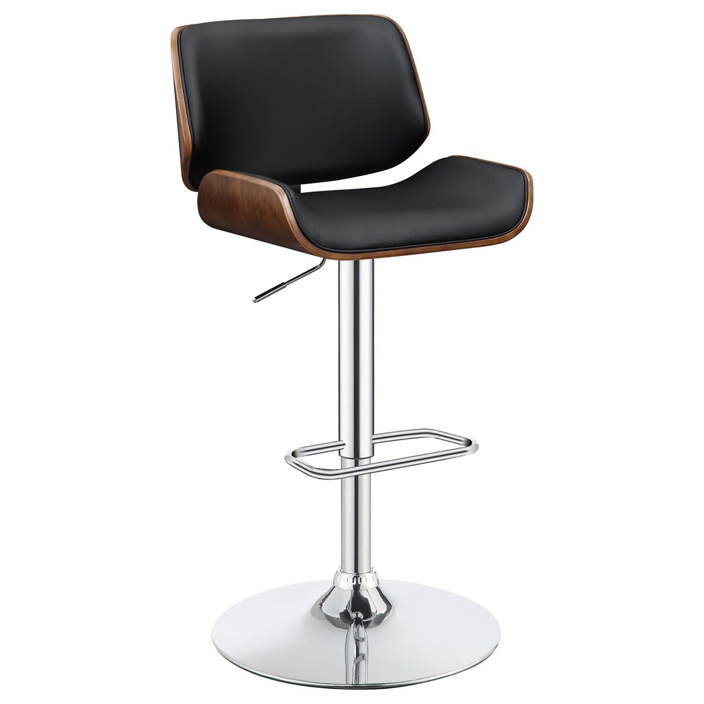 Black leather and wood adjustable bar stool with chrome base
