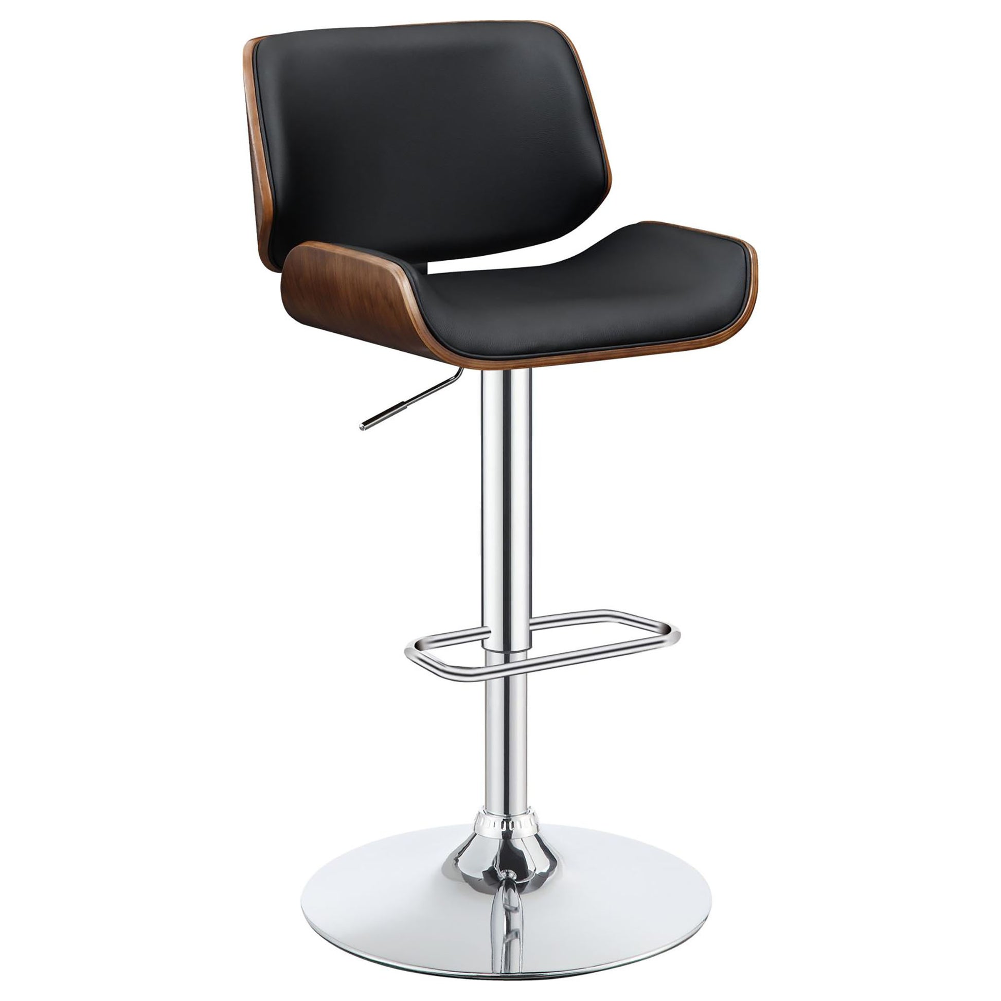 Black leather and wood adjustable bar stool with chrome base