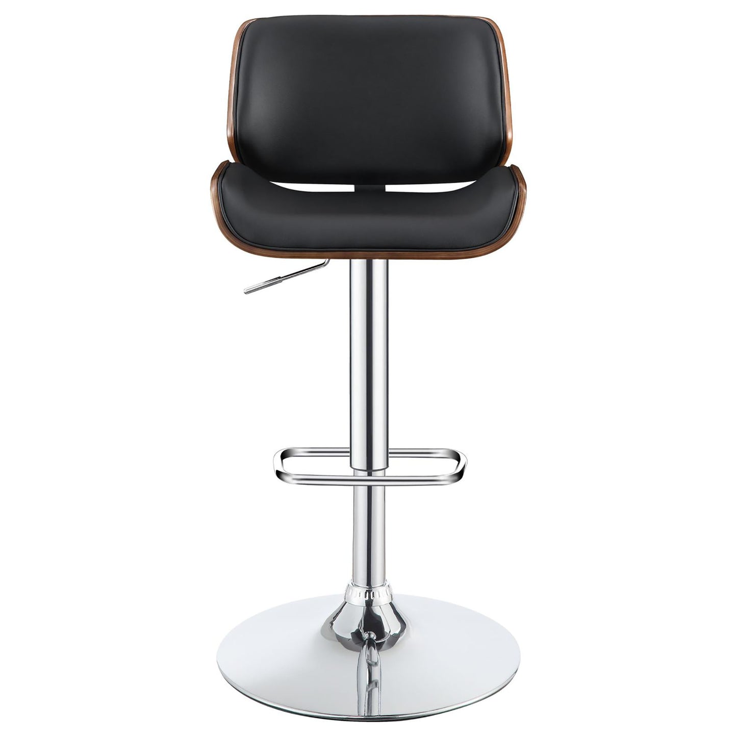 Black leather bar stool with curved wood accents and chrome base