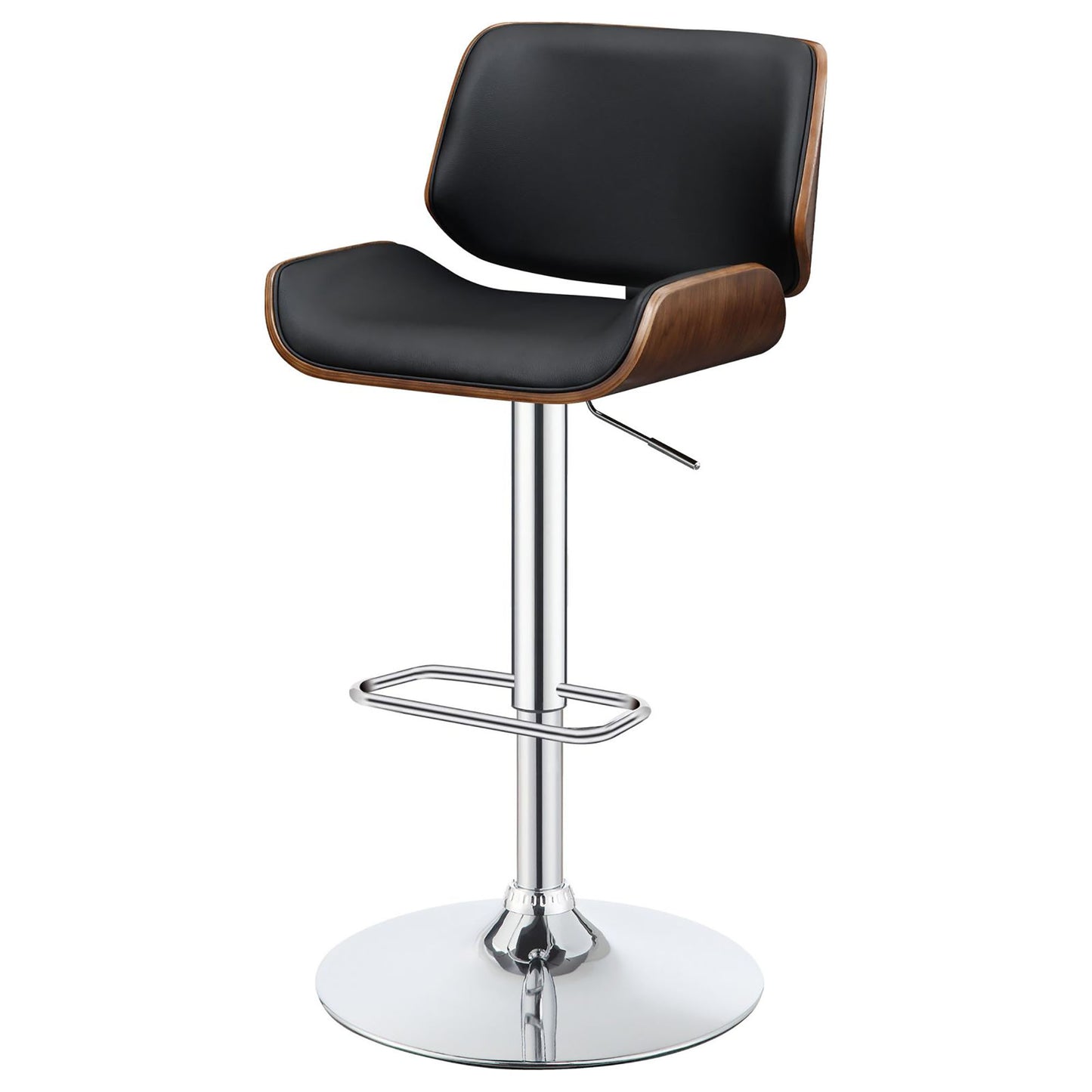 Black leather and walnut wood adjustable bar stool with chrome base