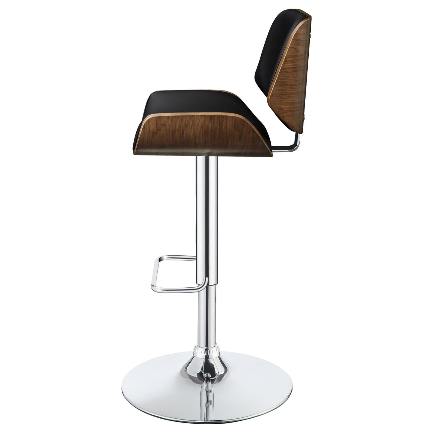 Modern black leather and walnut veneer bar stool with polished chrome base and adjustable height