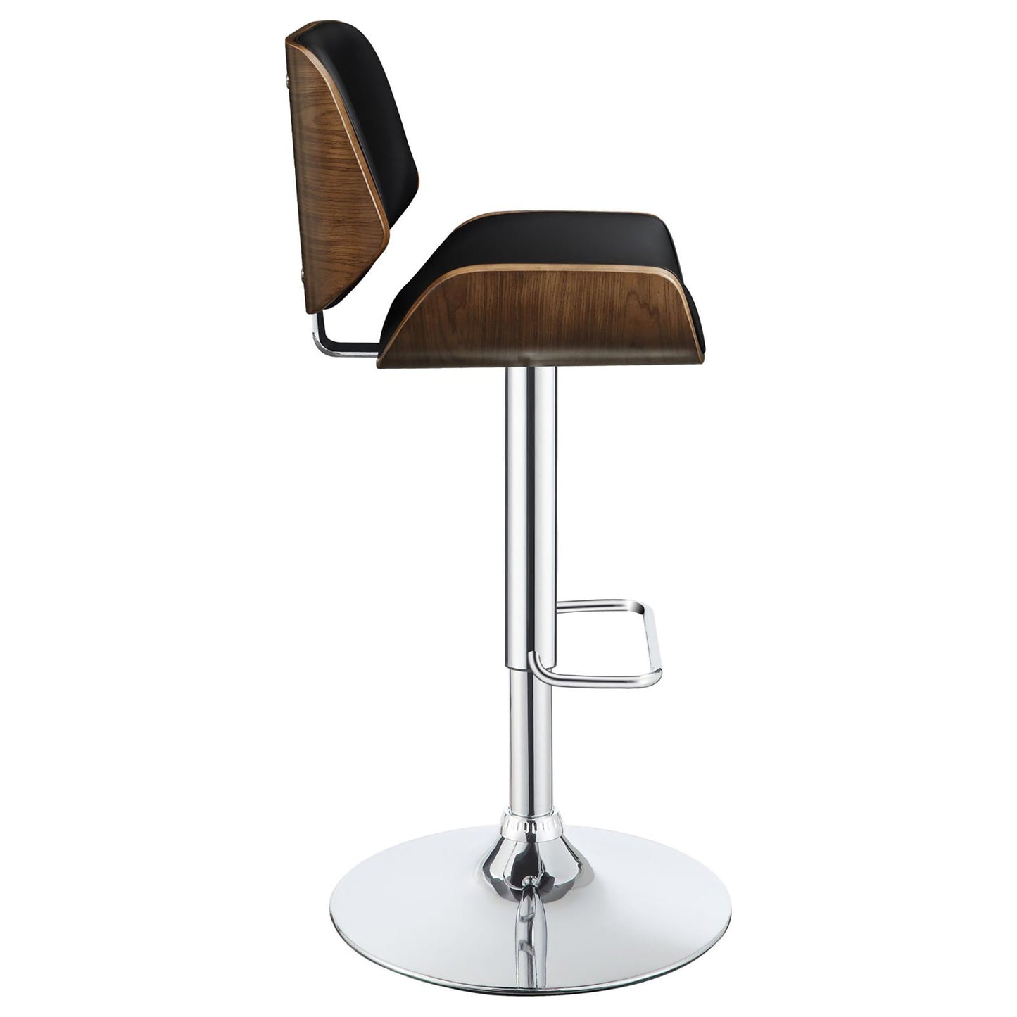 Modern black upholstered bar stool with curved walnut wood accents and chrome base