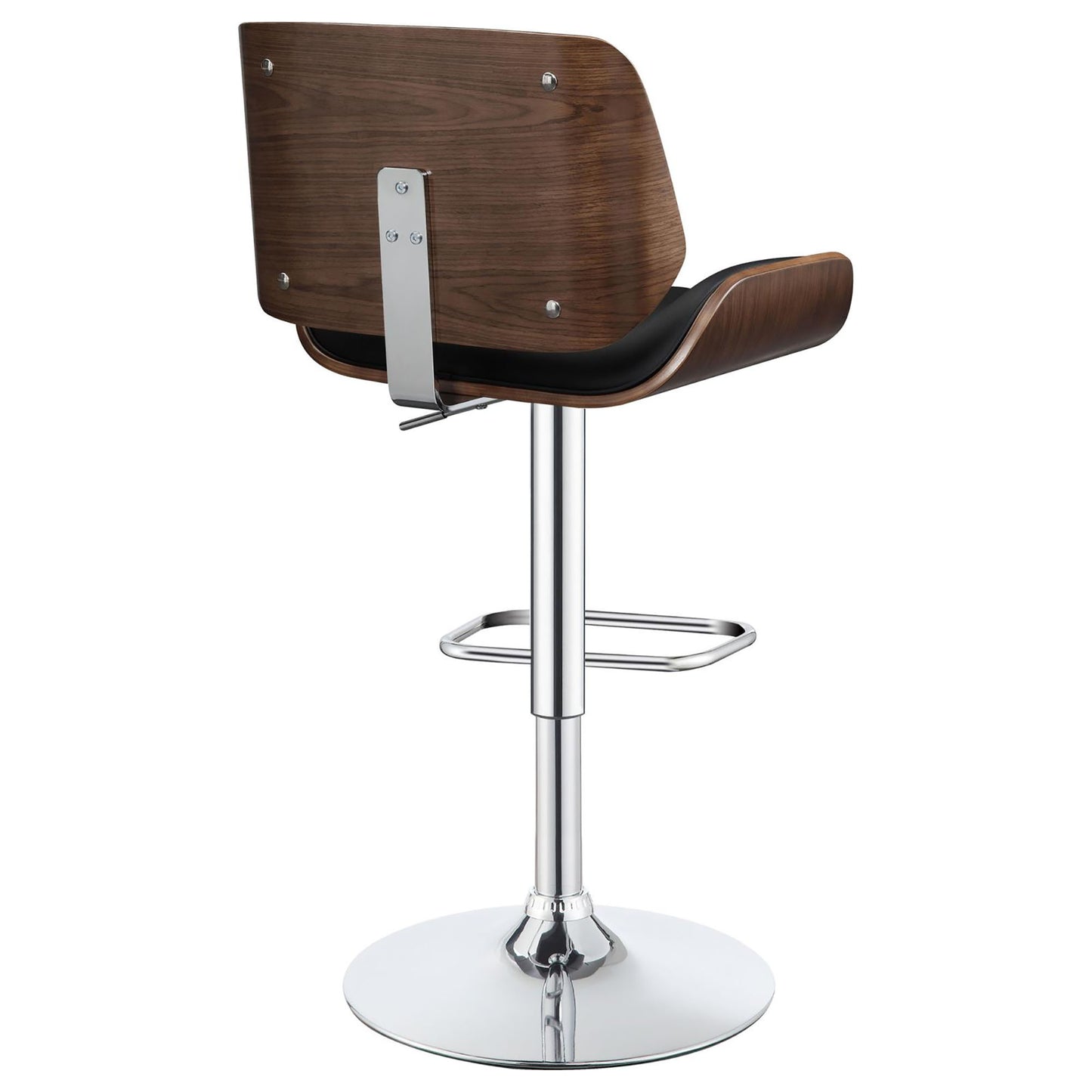 Modern walnut veneer bar stool with adjustable chrome base and black seat