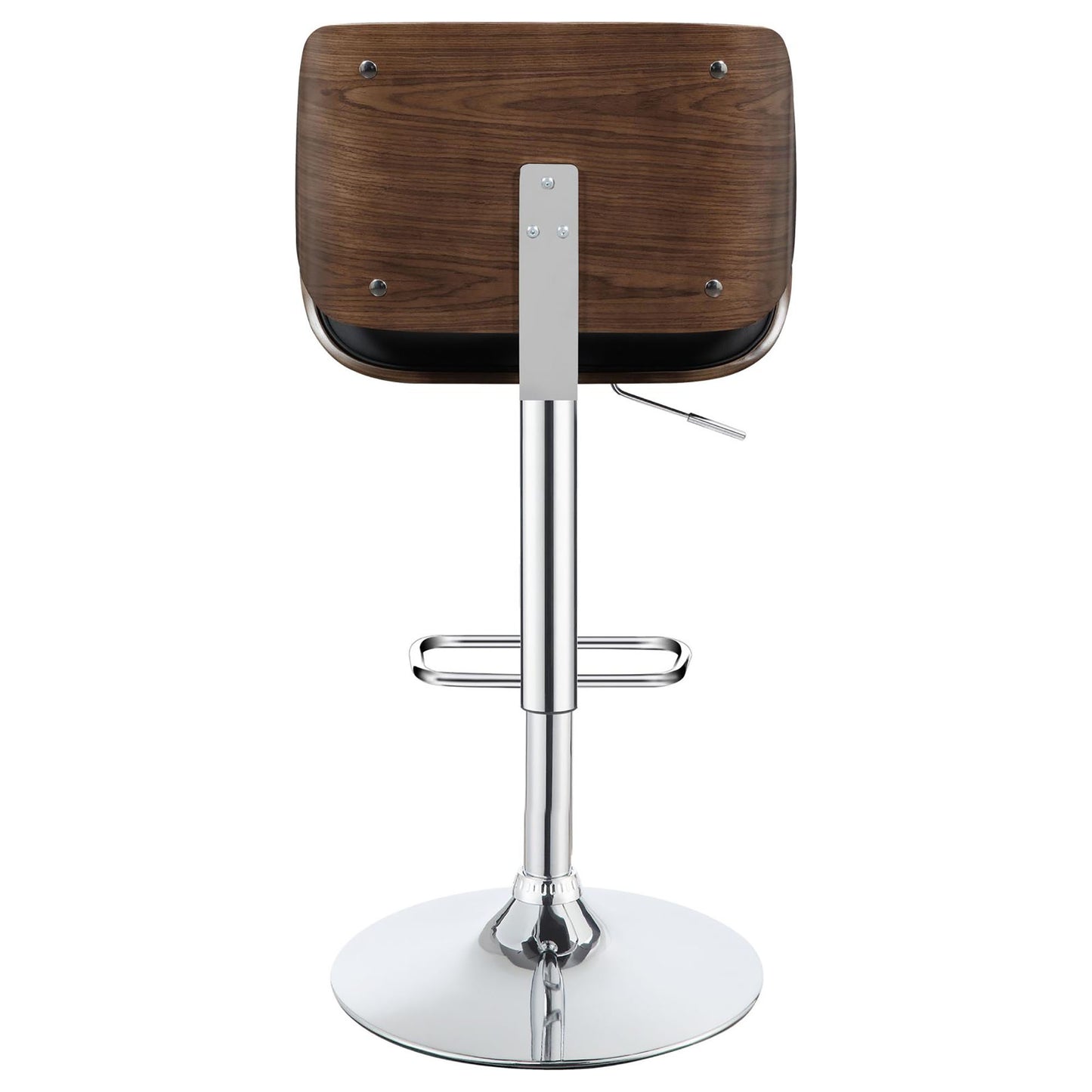 Modern adjustable bar stool with a rich walnut veneer seat and polished chrome base