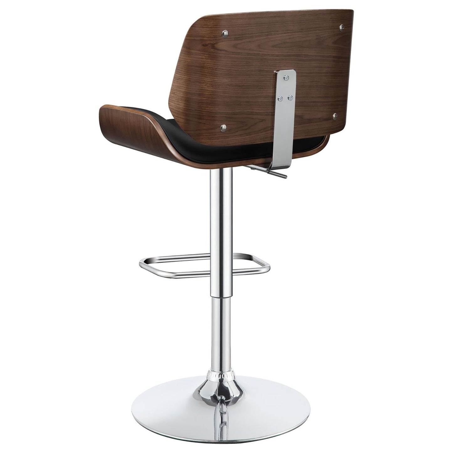 Midcentury modern bar stool with walnut veneer seat and polished chrome base
