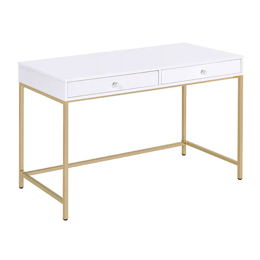 Glossy white modern desk with two crystalknob drawers and gold metal legs